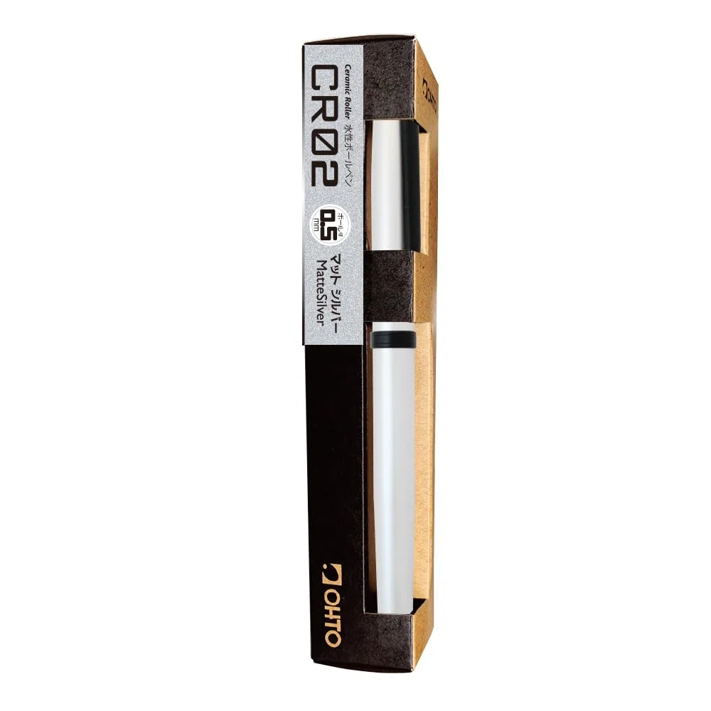OHTO CR02-05-MSV - Bolígrafo de cerámica, punta fina de 0.5 mm, barril de aluminio de grosor medio con componentes de latón, plata mate, tinta negra recargable a base de agua, CR02-05-MSV