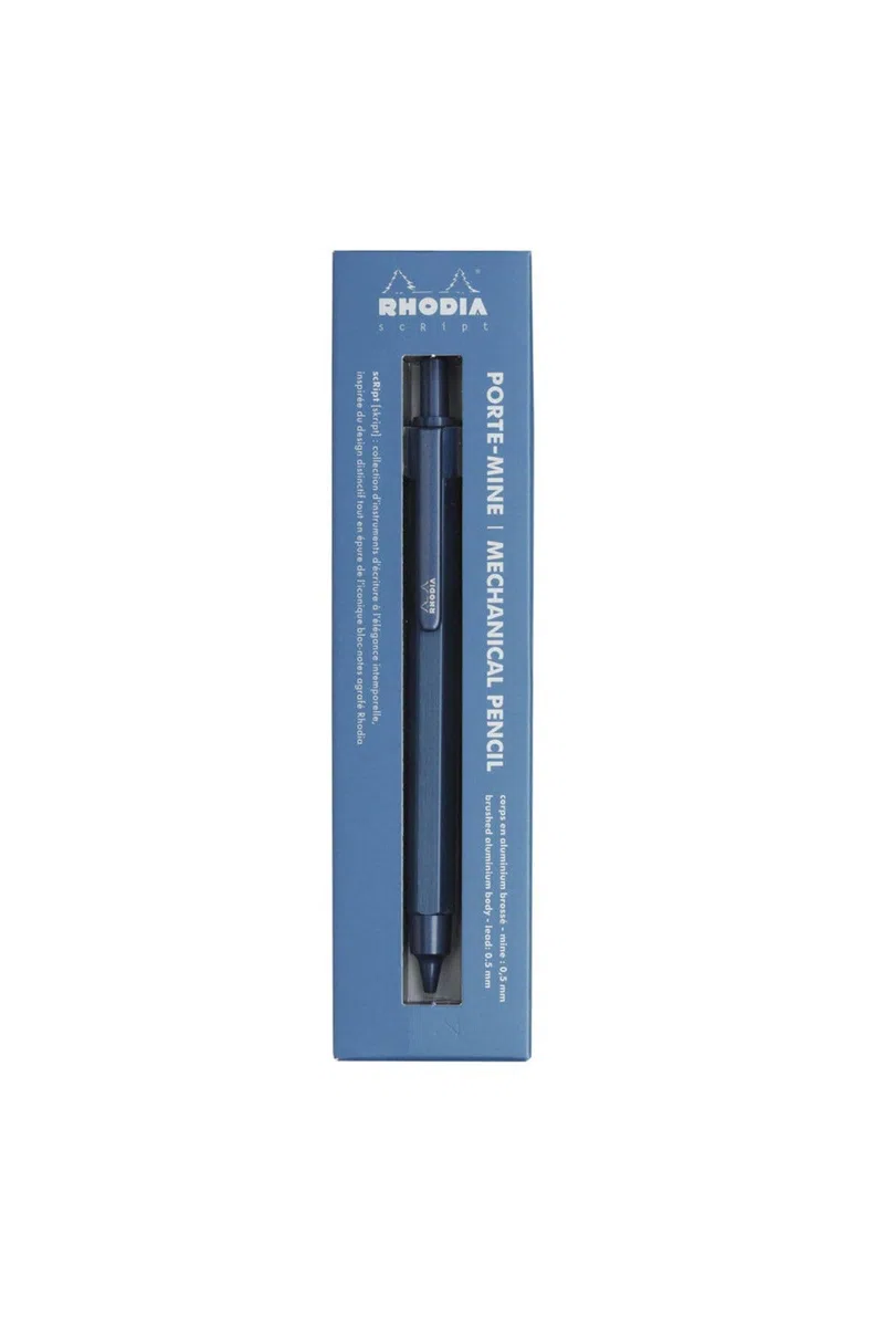 RHODIA 9393C – Portaminas escRipt Cuerpo hexagonal de aluminio cepillado – Azul – para Minas Grafito estándar, 0,5 mm, Canon de acero retráctil, goma bajo el pulsador – Colección scRipt