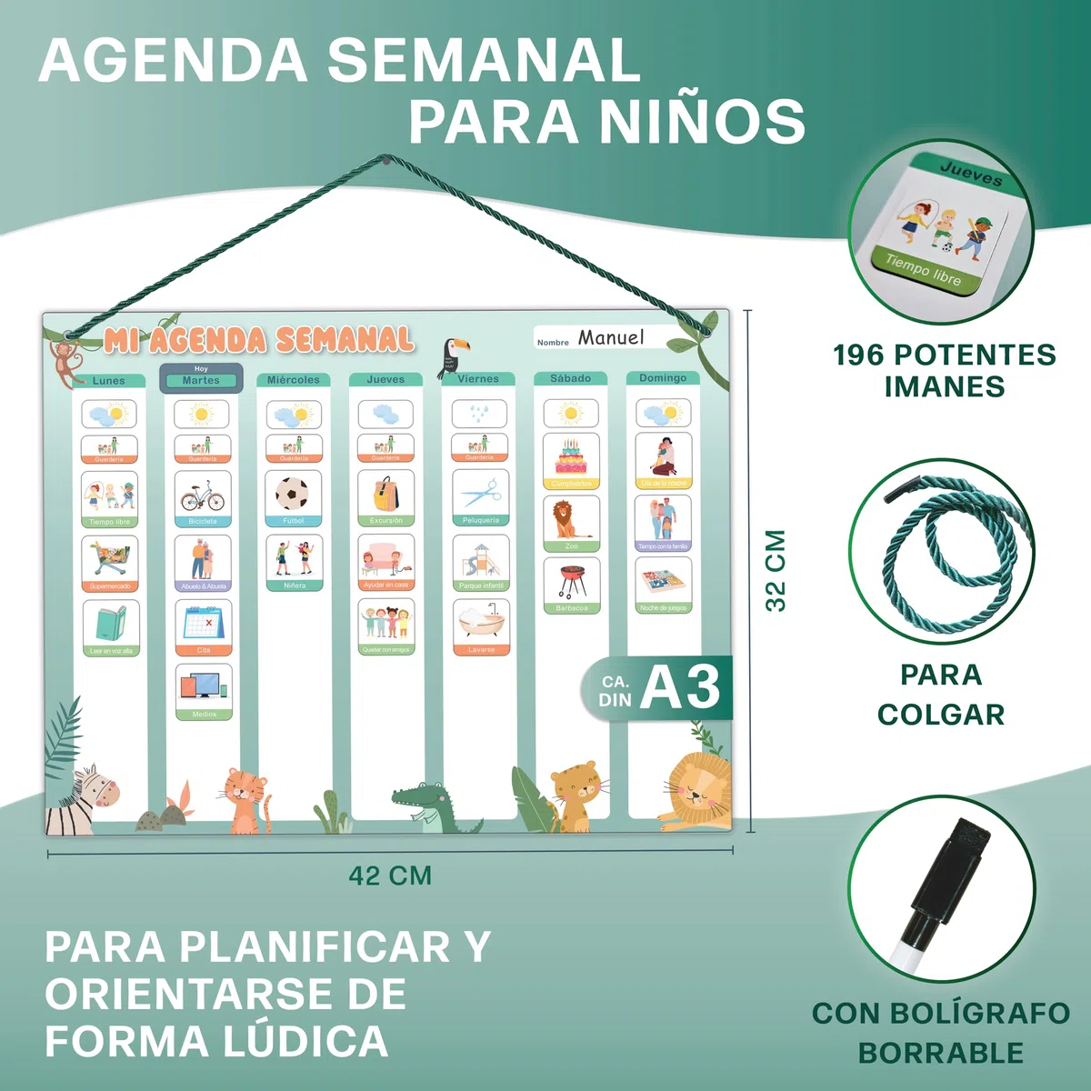 Planificador semanal para niños - Pizarra magnética Montessori con un bonito diseño que incluye 196 imanes y un bolígrafo - Juegos educativos a partir de 3 años - Calendario infantil