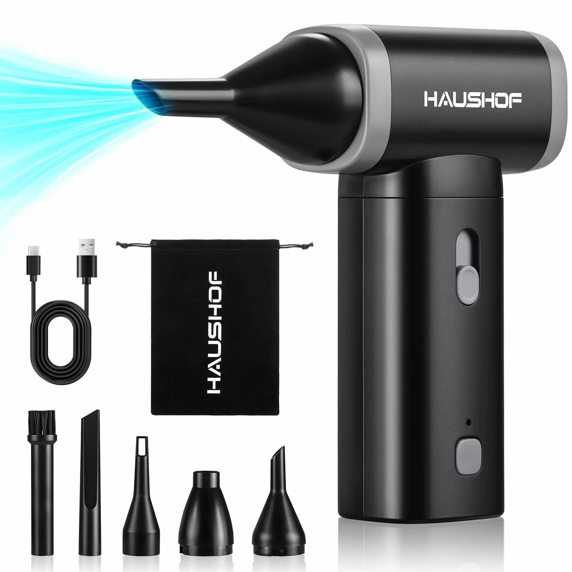 HAUSHOF Air Duster Eléctrico 110000 RPM, USB-C Recargable y con Control de Velocidad Ajustable, Ligero y Portátil para Limpieza de PC, Teclado, Sofá, Coche y Exteriores