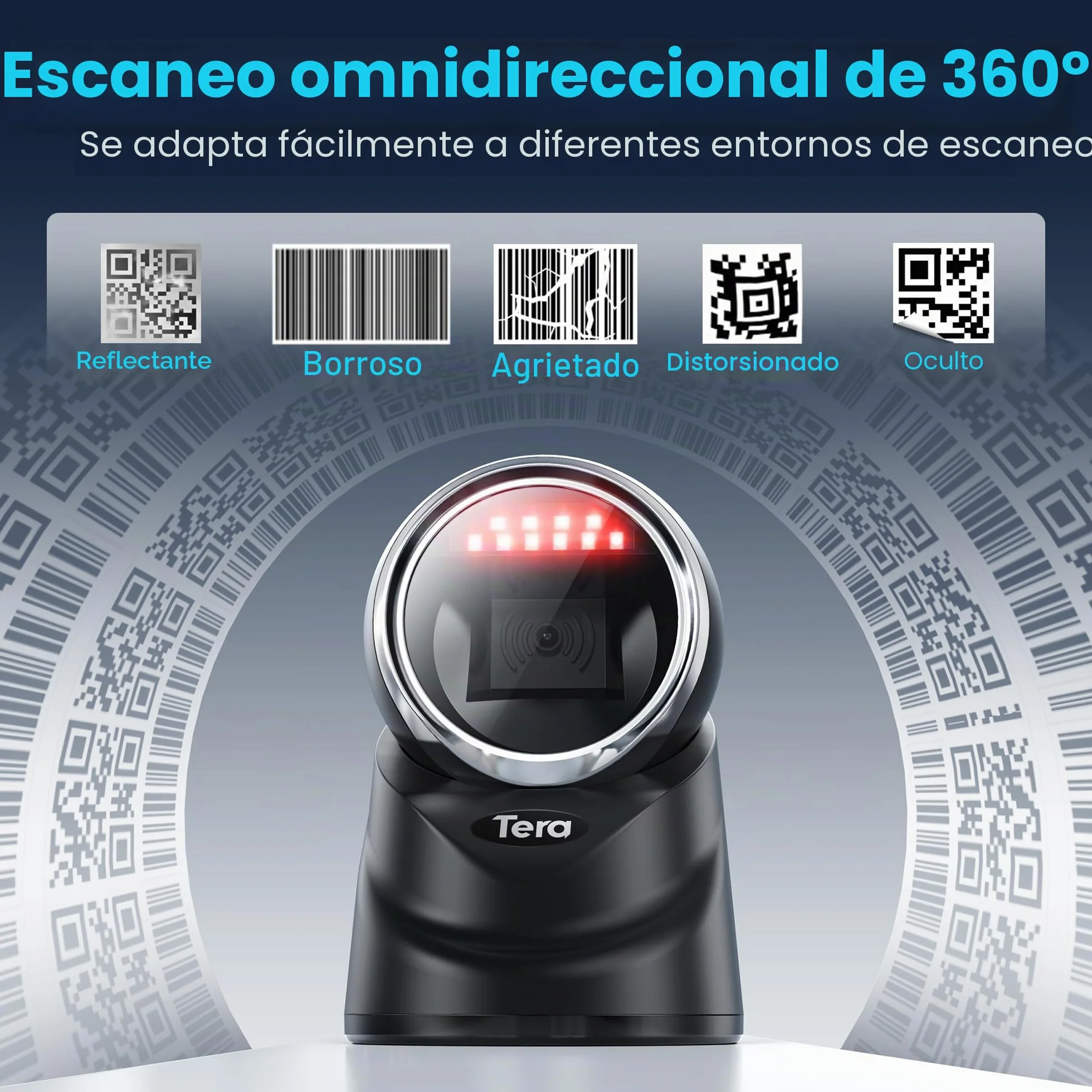 Tera 1D 2D QR Lector de Código de Barras Omnidireccional Escáner de Código de Barras con Cable USB Manos Libres Escaneo Automático de Detección de Imagen para Tienda de Supermercado Modelo 9100