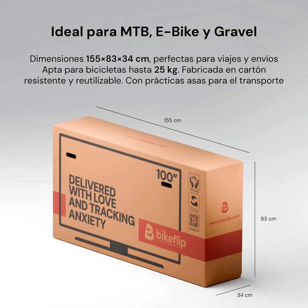Bikeflip Box Caja de Envío para Bicicletas MTB, E-Bike y Gravel, Cartón Ondulado Resistente y Reutilizable, Montaje Rápido para Viajes y Transporte por Correo