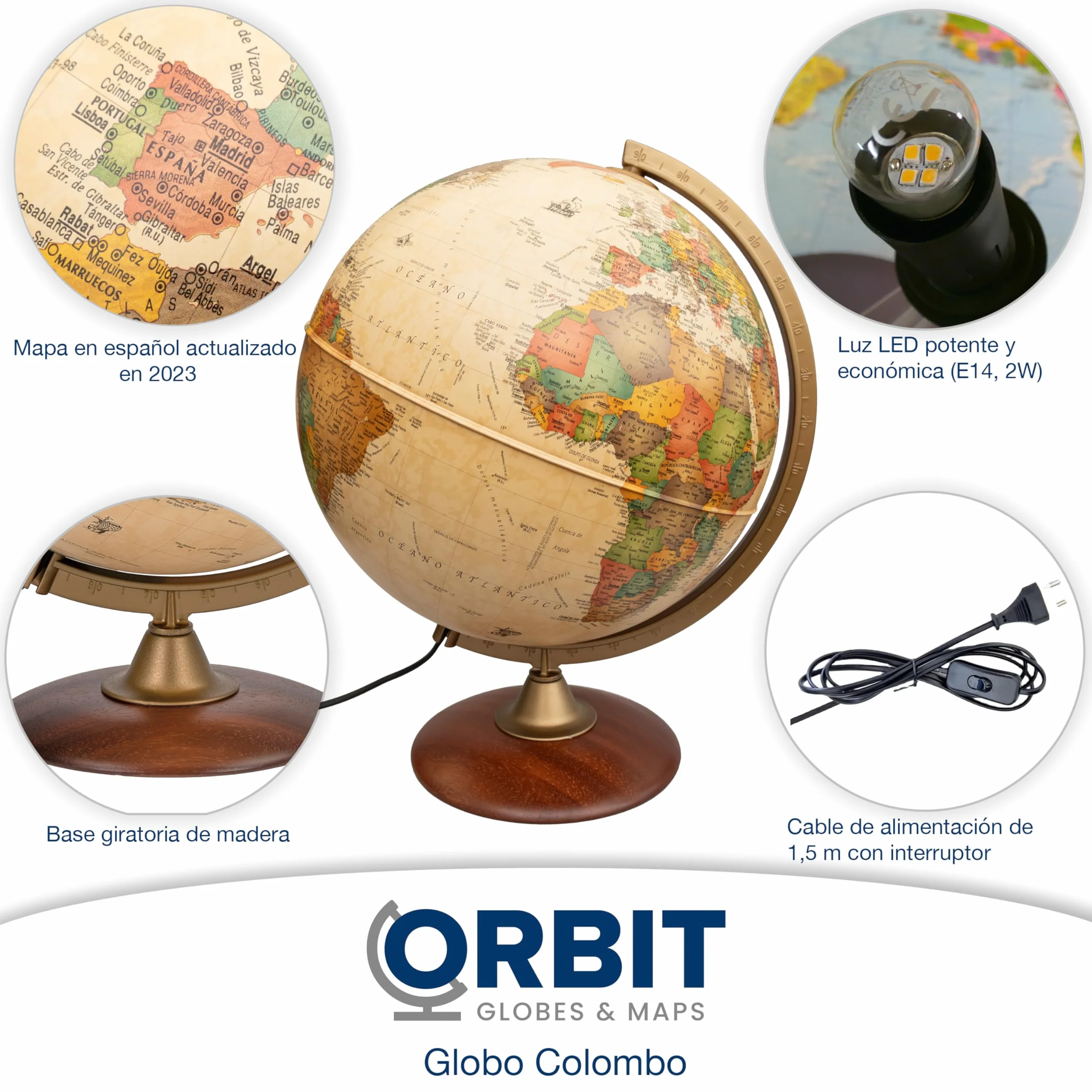 Globo terraqueo Iluminado 30cm, Pie de Madera, Cartografía en el Estilo Antiguo, Idioma español
