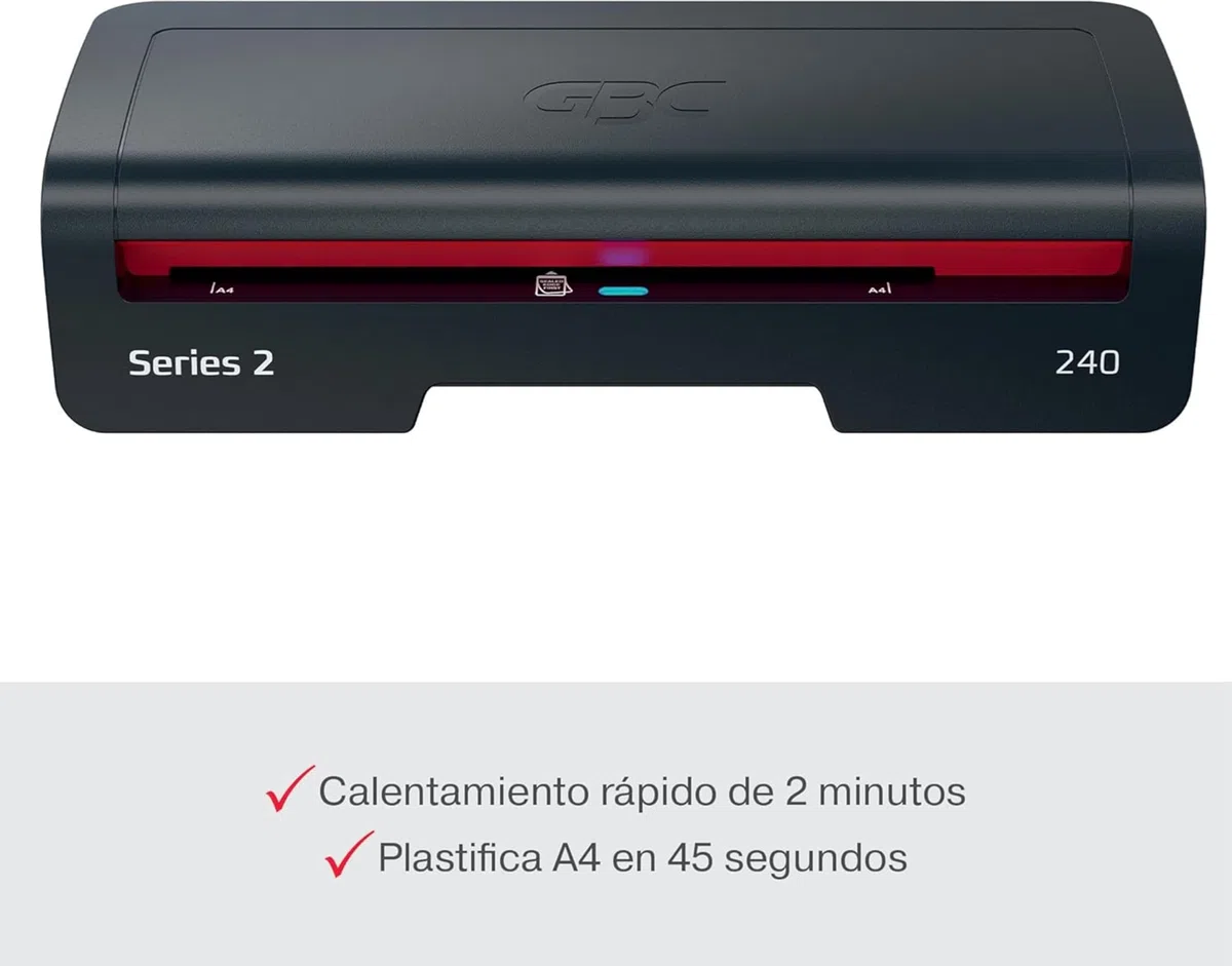 GBC 4410068EU - Plastificadora 240 Home Office A4, Calentamiento Rápido en 2 Minutos, 75-125 Micras, Antiatascos, Apagado Automático, Incluye 5 Fundas de Plastificación A4, Negro/Rojo