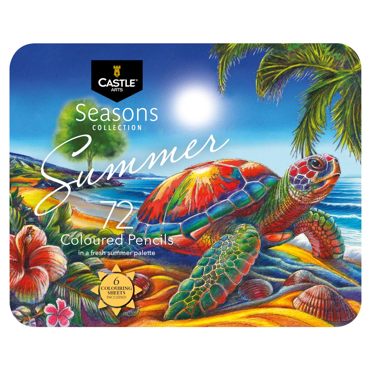 Castle Art Supplies Juego de 72 lápices de colores de verano | Lápices a base de cera con núcleos suaves y lisos | Paleta inspirada en el verano para artistas adultos | Organizado en lata de