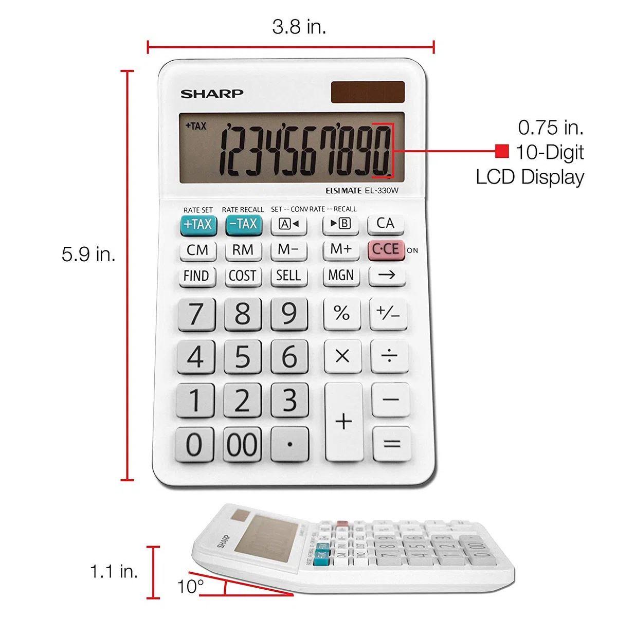 Sharp EL-330WB - Calculadora básica de escritorio de función estándar, pantalla grande, para el hogar y la oficina, doble potencia, solar y batería, paquete de 5 unidades