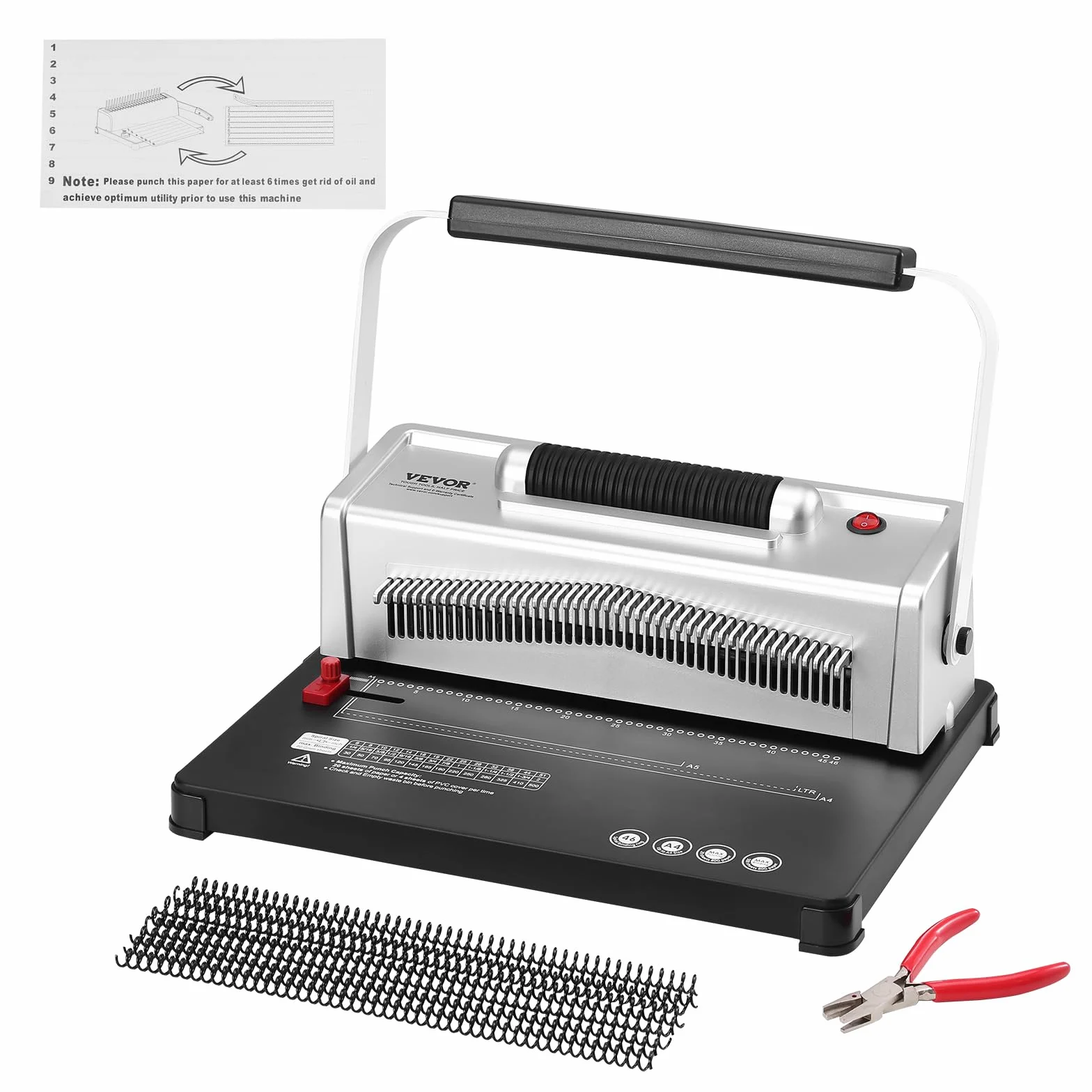 VEVOR Encuadernadora para Tamaño Carta A4 A5 Encuadernadora Manual en Espiral con Encuadernadora Eléctrica 46 Agujeros 500 Hojas Perforadora de Anillas con 100 Lomos de Bobina Ajustables