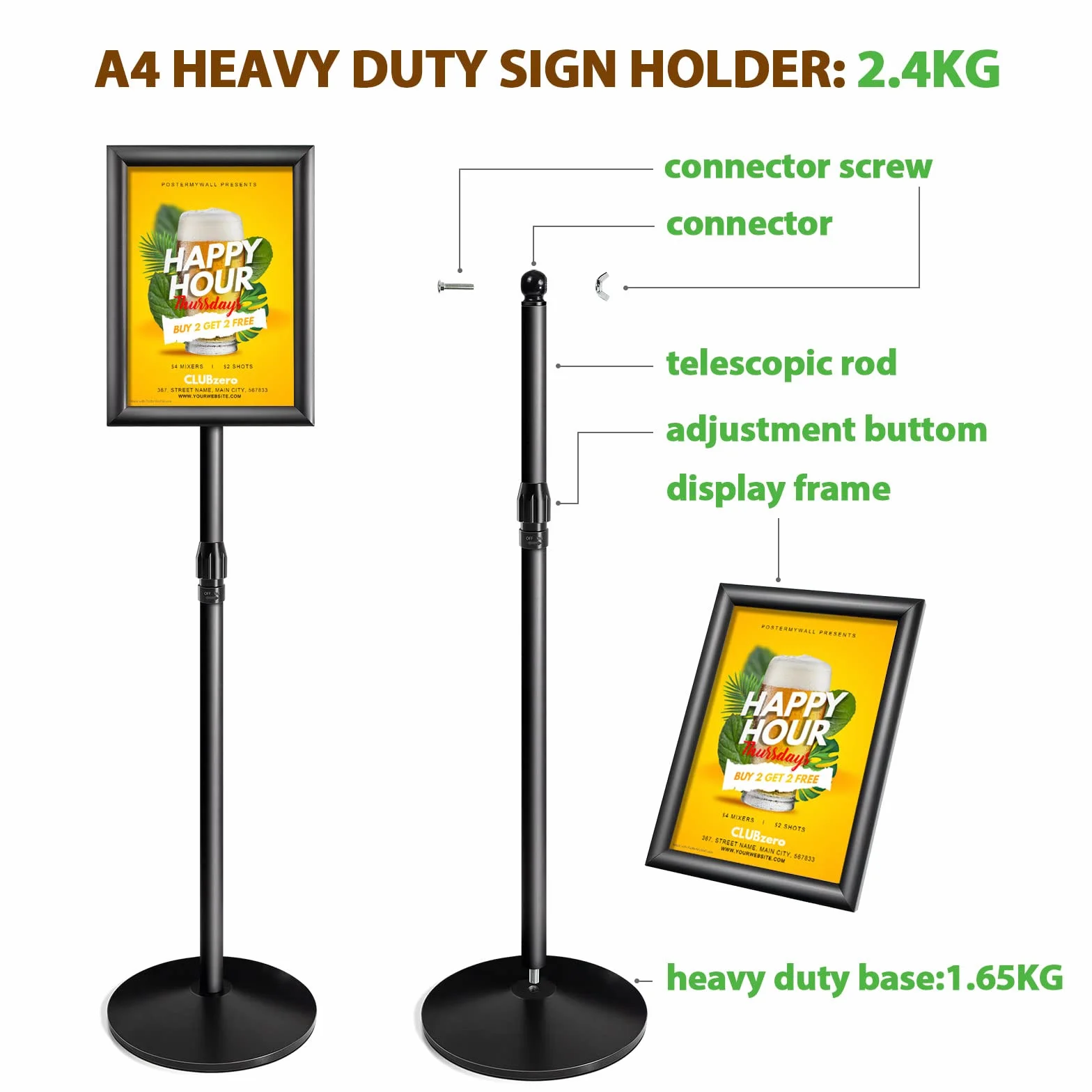 NewZeal Soporte para cartel ajustable tamaño A4, soporte para cartel de pie resistente, soporte para anuncios, soporte para carteles para bodas/espectáculos/exhibiciones/publicidad, negro