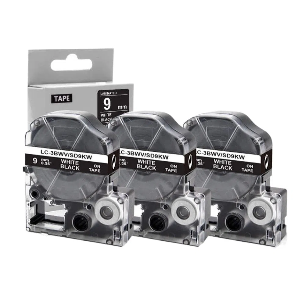 Paquete de 3 Cintas SD9KW de 9 mm, Color Blanco sobre Negro, compatibles con la rotuladora LW-300 LW-400