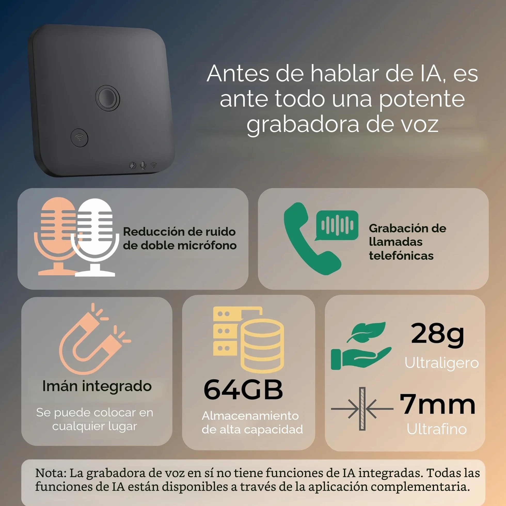 Grabadora de voz con aplicación para transcripción de voz a texto IA, resumen GPT-4o, mapeo mental, almacenamiento de 64 GB y un diseño magnético, dictáfono para llamadas, conferencias y reuniones