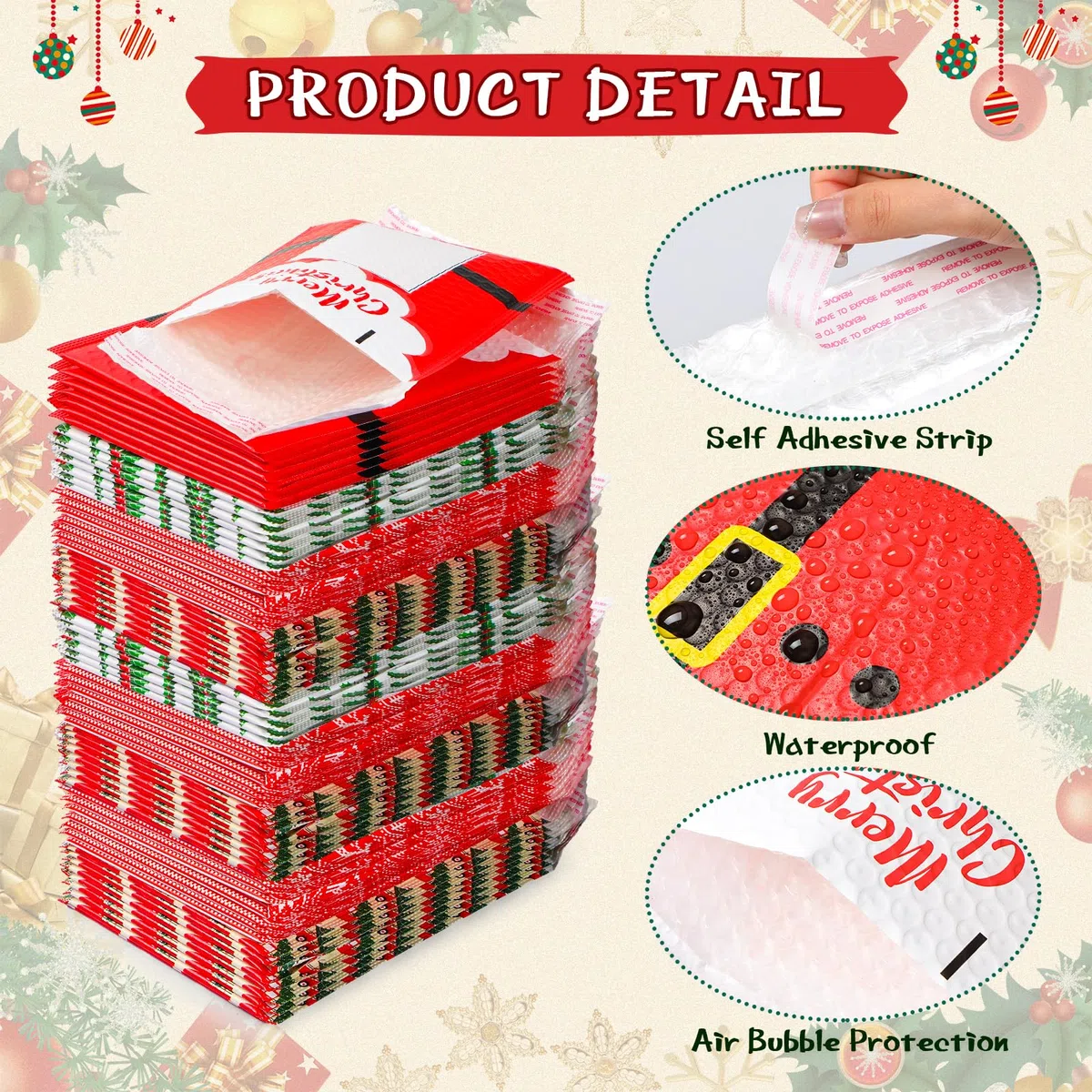 Cholemy 60 sobres de burbujas de Navidad de 7 x 9 pulgadas, sobres acolchados con área de escritura, sobres acolchados de burbujas de Papá Noel, bolsas de envío navideñas con tira autosellante