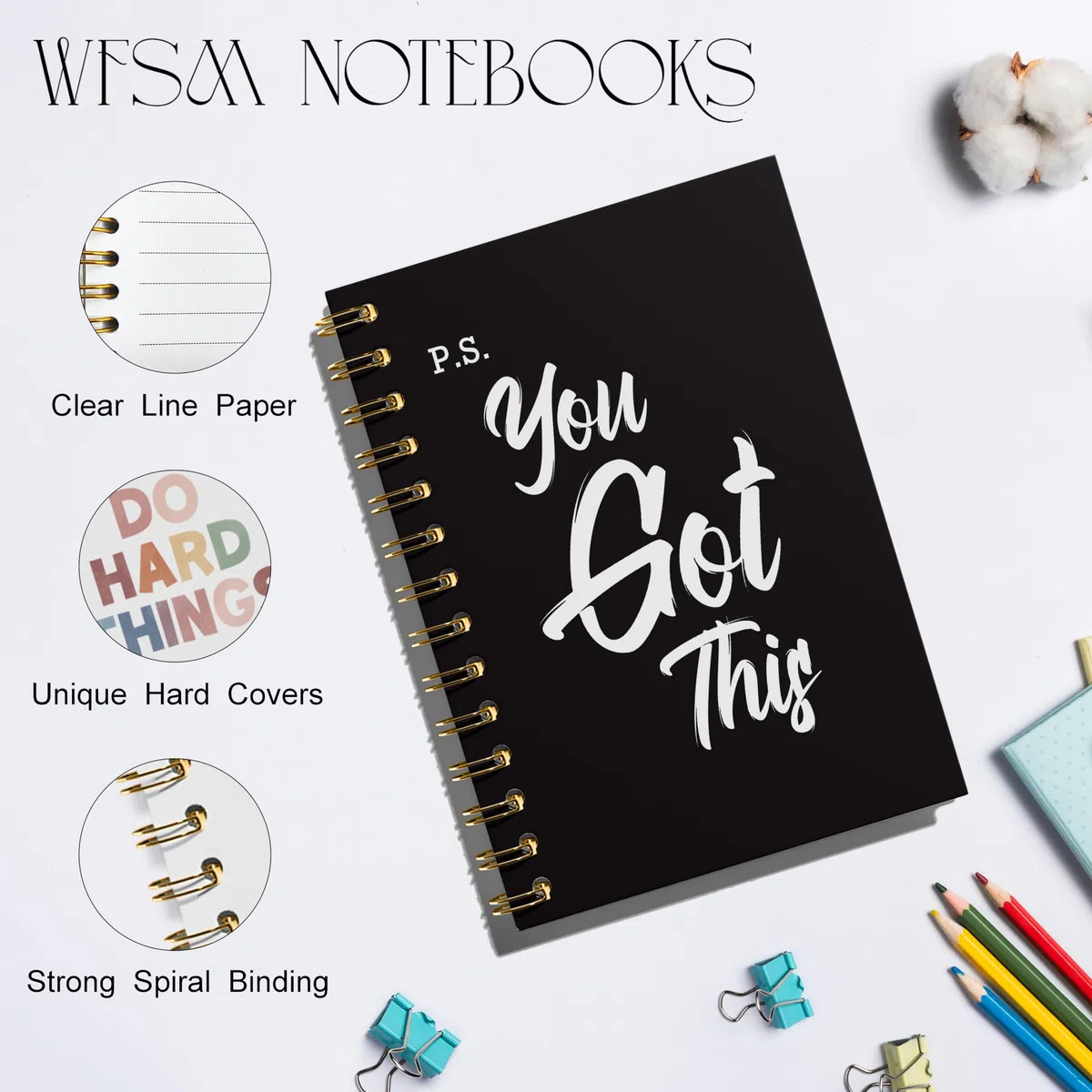 WFSM You Got This - Cuaderno de espiral, cuadernos inspiradores para mujeres y hombres, diario motivacional, cuadernos en espiral de tapa dura negra para tomar notas de trabajo, 5.5 x 8.3 pulgadas