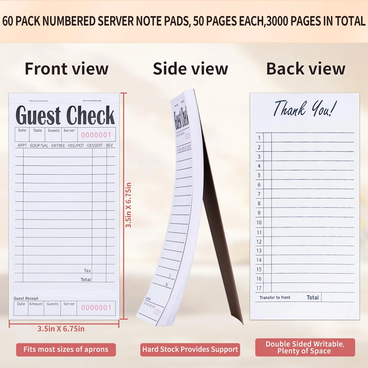 Chequeras de invitados para servidores, blocs de notas, chequera de camarera, bloc de notas de camarera para restaurantes, cheques de papel, 50 hojas/paquete, total de 300 boletos (blanco)