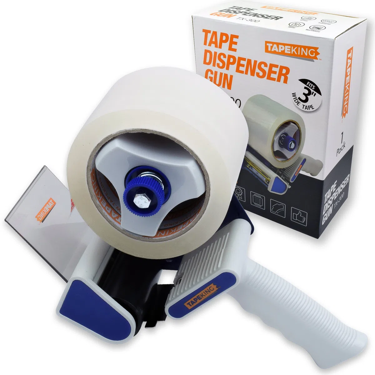 Tape King TX300 Pistola dispensadora de cinta de embalaje de 3 pulgadas de ancho, más 1 rollo de cinta de embalaje, carga lateral, pistola industrial ergonómica ligera de 3 pulgadas para envío,