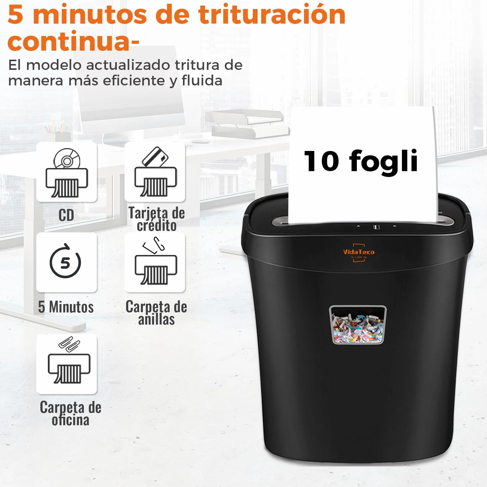 Destructora de Papel para Casa de 10 Hojas, Trituradora de Papel de Corte Transversal Que Destruye Papel, Tarjetas, Triturador con diseño de Mango portátil y contenedor de 15 L