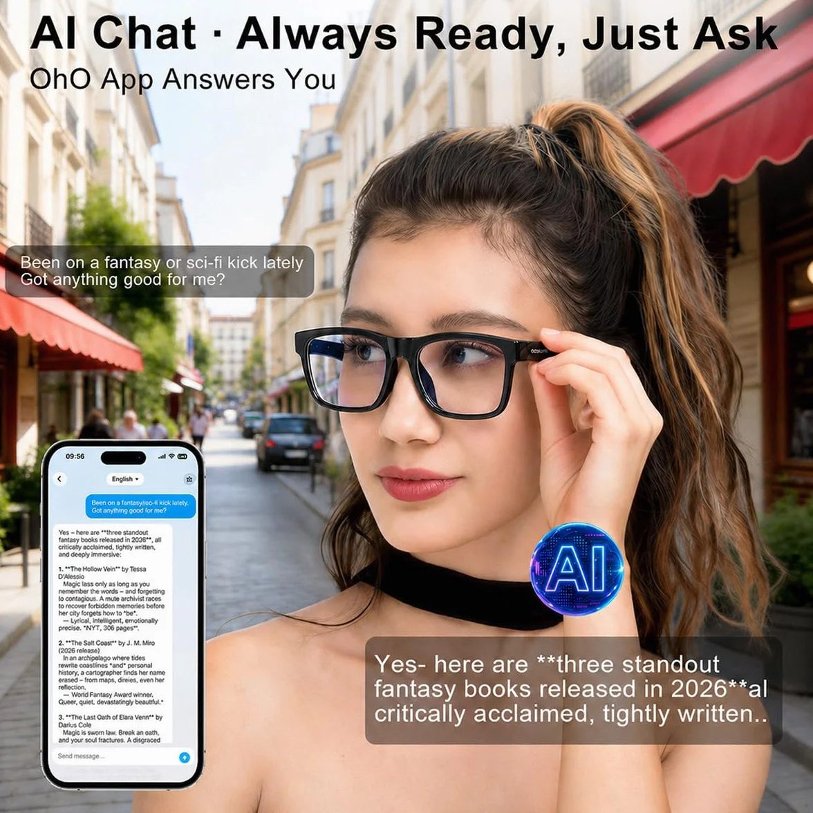 OhO sunshine Gafas inteligentes de traducción de IA con altavoz Bluetooth con marco negro brillante y lente fotocromática para exteriores e interiores