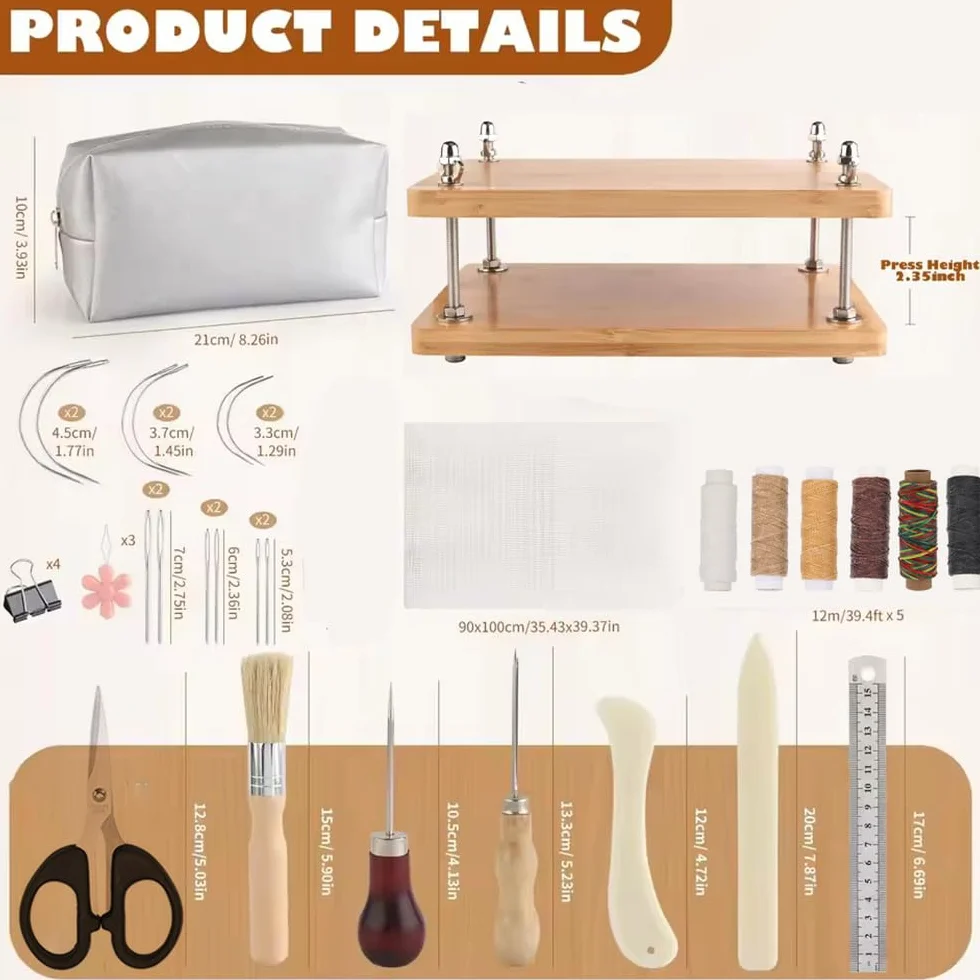 Kit de Encuadernación de Libros con Prensa de Madera,48 Piezas Incluyen Herramientas Básicas (Prensador,Dobladora,Cubiertas,Lezna)Equipo Portátil para Encuadernación Manual y Proyectos DIY( 37.5*29cm)