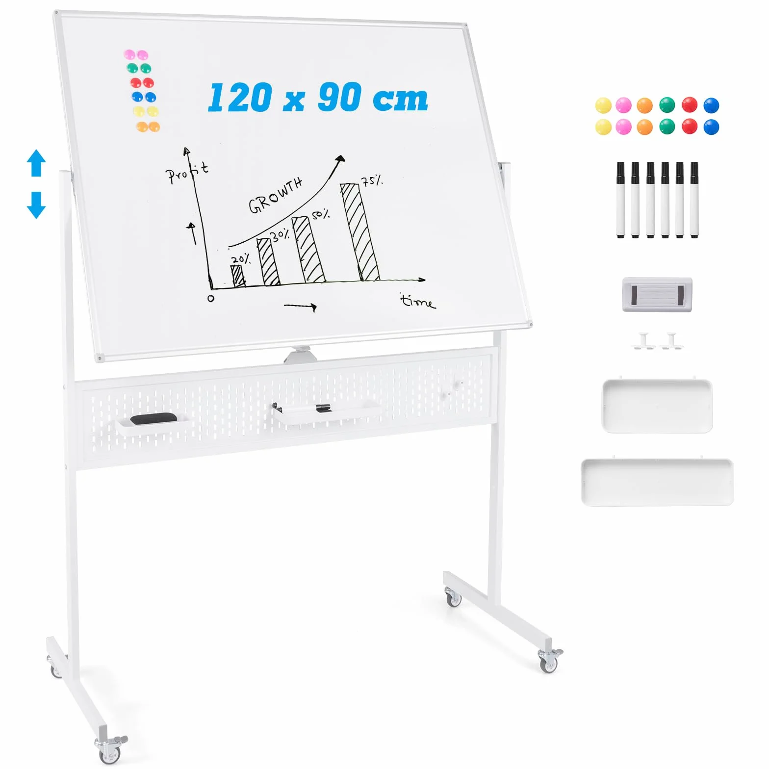 COSTWAY Pizarra Blanca Magnética 120 x 90 cm, Pizarra Blanca Grande Doble Cara, Ruedas Bloqueables, Giro 360°, Altura Ajustable, Panel Perforado y Accesorios, Pizarra de Pie Hogar Oficina (Blanco)