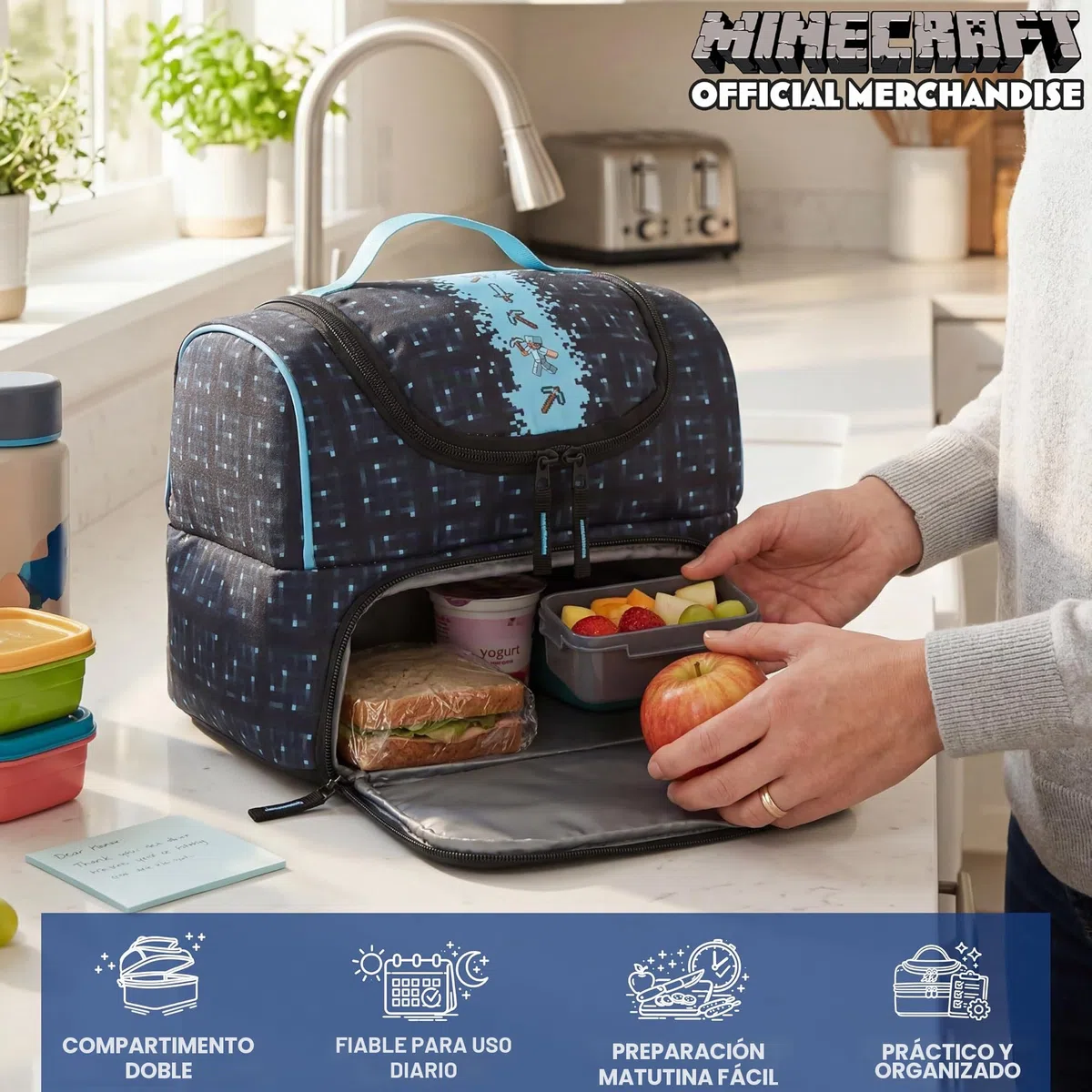Get Trend Minecraft Bolsa Térmica Infantil, Lunch Bag 2 Compartimentos, Nevera Portátil, Bolsa Comida Escolar, Picnic o Viaje, Creeper Regalo Niños y Regalo Gamer (Multi/Turquesa Minecraft)