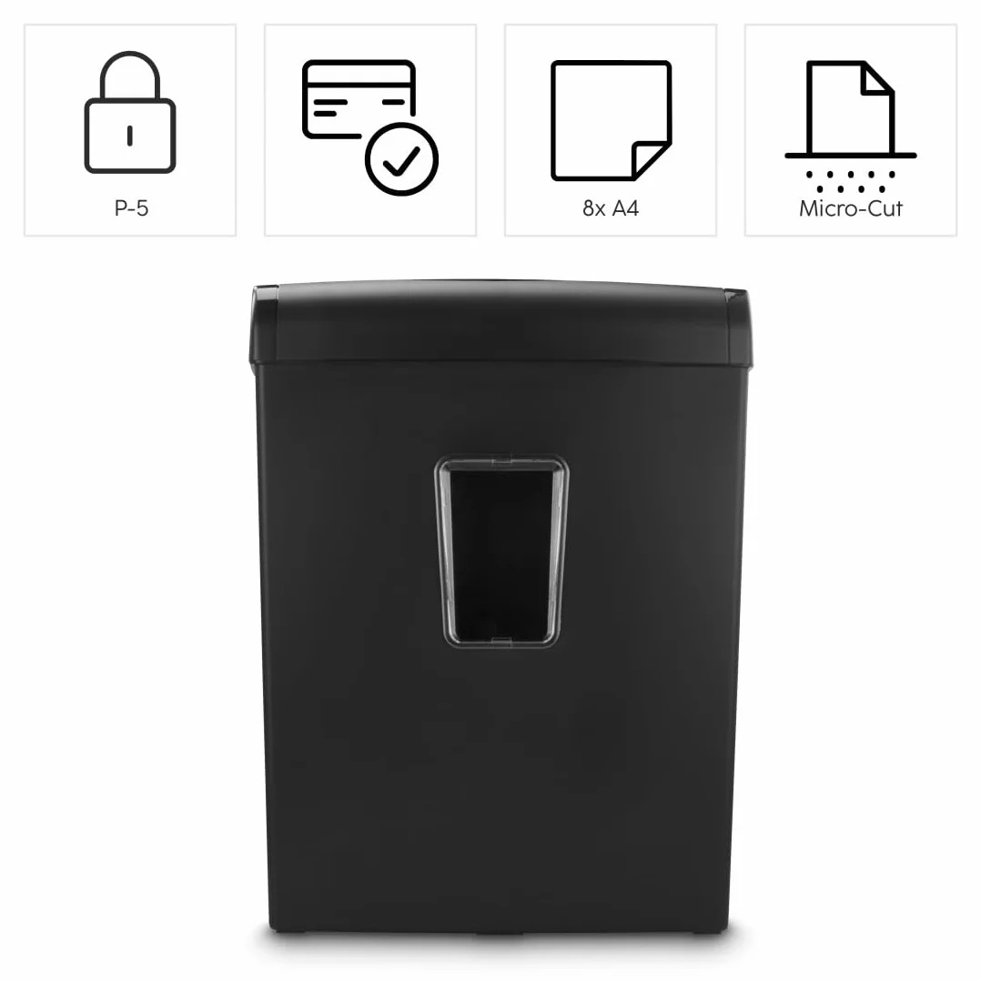 Hama | Trituradora de Papel Microcorte P-5 8 Hojas, Negro | Destructora de Documentos DIN 66399 P5 E4 T5 + Tarjetas de Crédito + Cesto 20L Compacta
