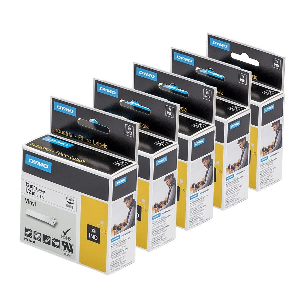 5?X Dymo 18444?Rhino industriel, autocollants, ?tiquettes en vinyle???Rouleau de 12?mm x 5.5?m, impression noir sur blanc + PAPERMATE Stylo Cadeau