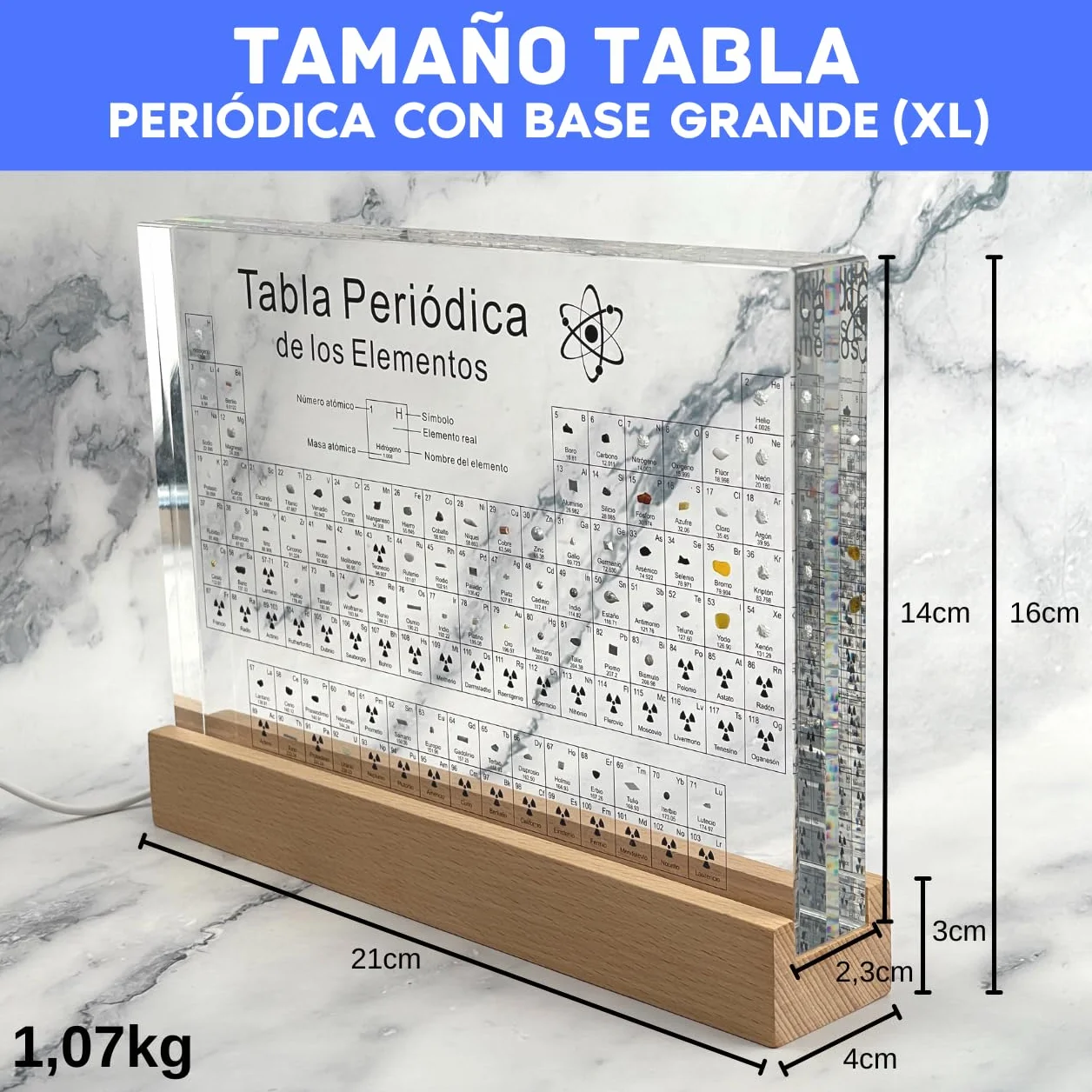 Tabla Periódica en Español Grande con Elementos Reales (21x16x4) - Póster Resina Transparente - Regalo Química