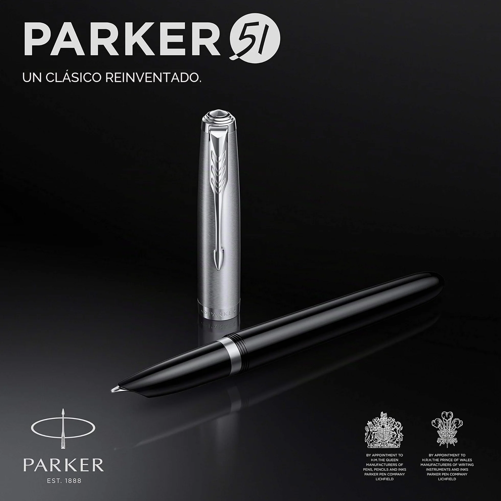 Parker 51 pluma estilográfica | cuerpo negro con adorno cromado | plumín fino con cartucho de tinta negra | estuche de regalo