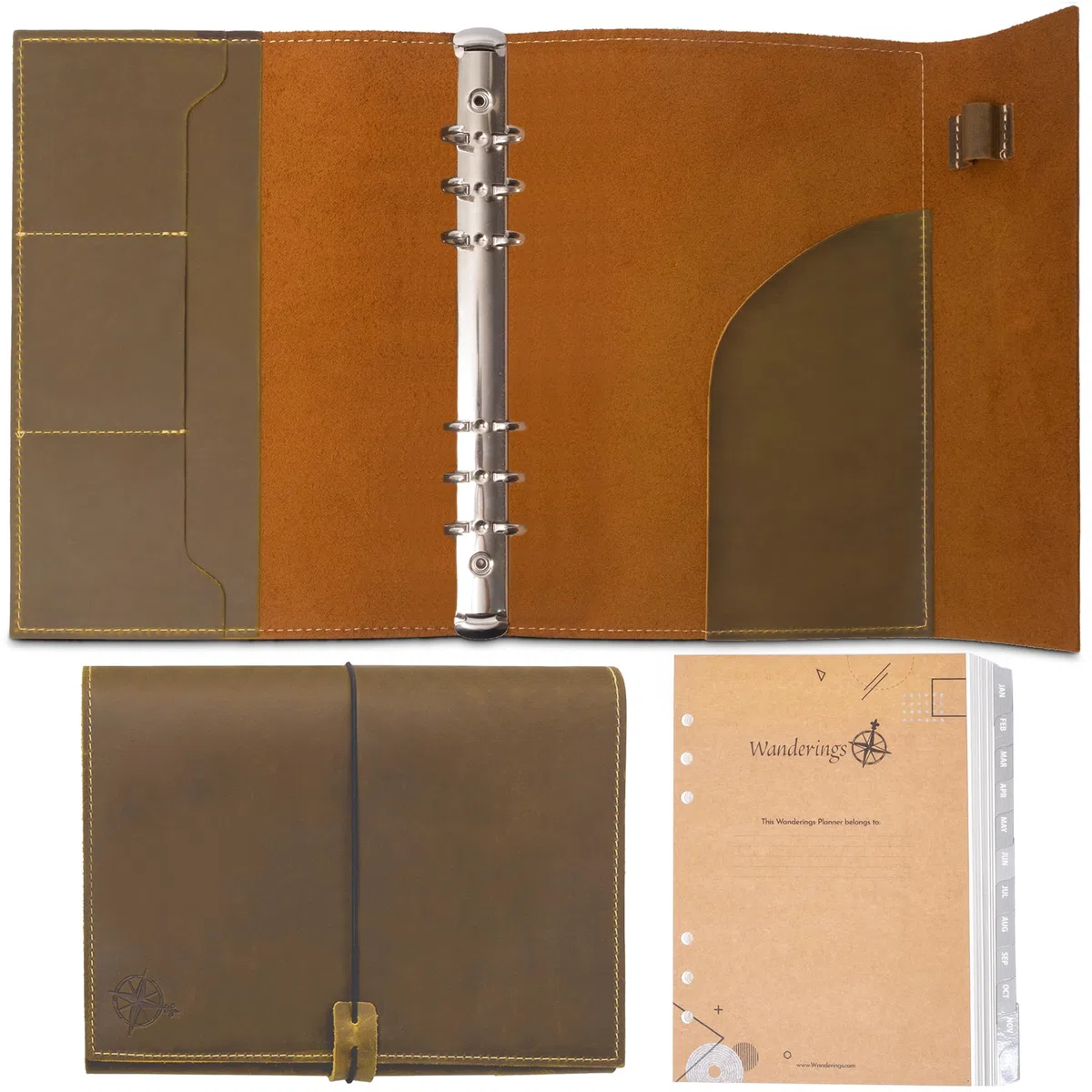 Wanderings Agenda A5 Cuero Anillas - Planificador Rellenable 6 Anillas, Bolsillos - Organizador Cuero Genuino Hecho a Mano - Filofax. Calendario Semanal/Mensual 2026/27-15x22cm