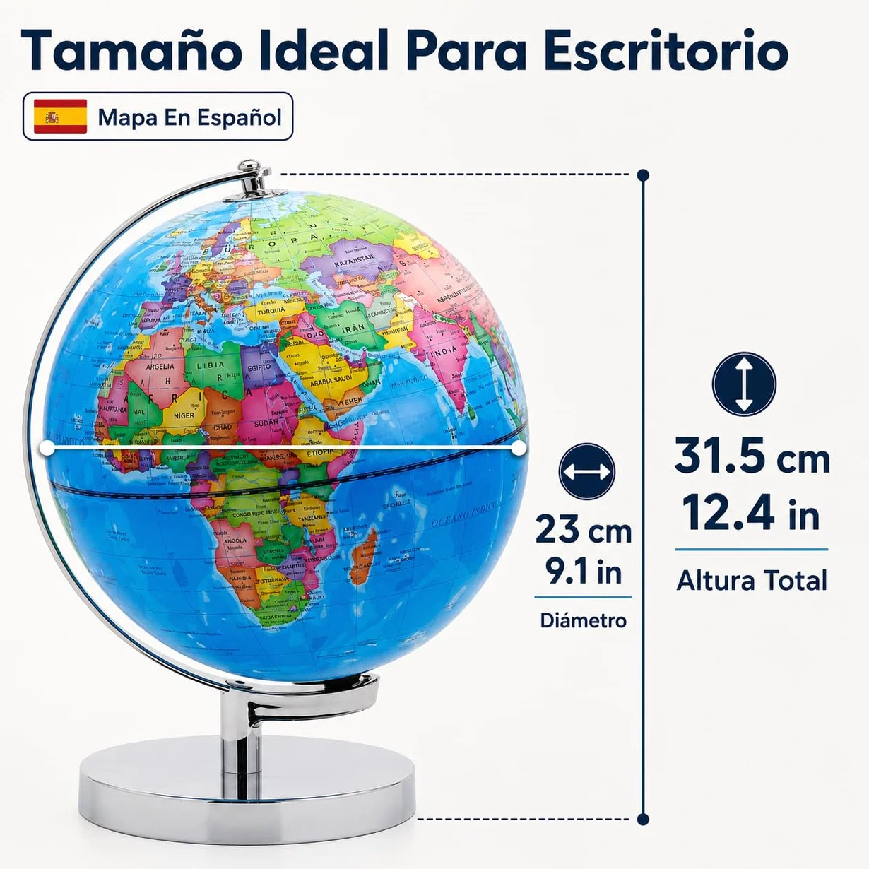 EXERZ Globo Terráqueo Iluminado 23 cm Mapa Español Y Constelaciones Lámpara LED Sin Cable Base Metálica Cromada Modo Día Noche