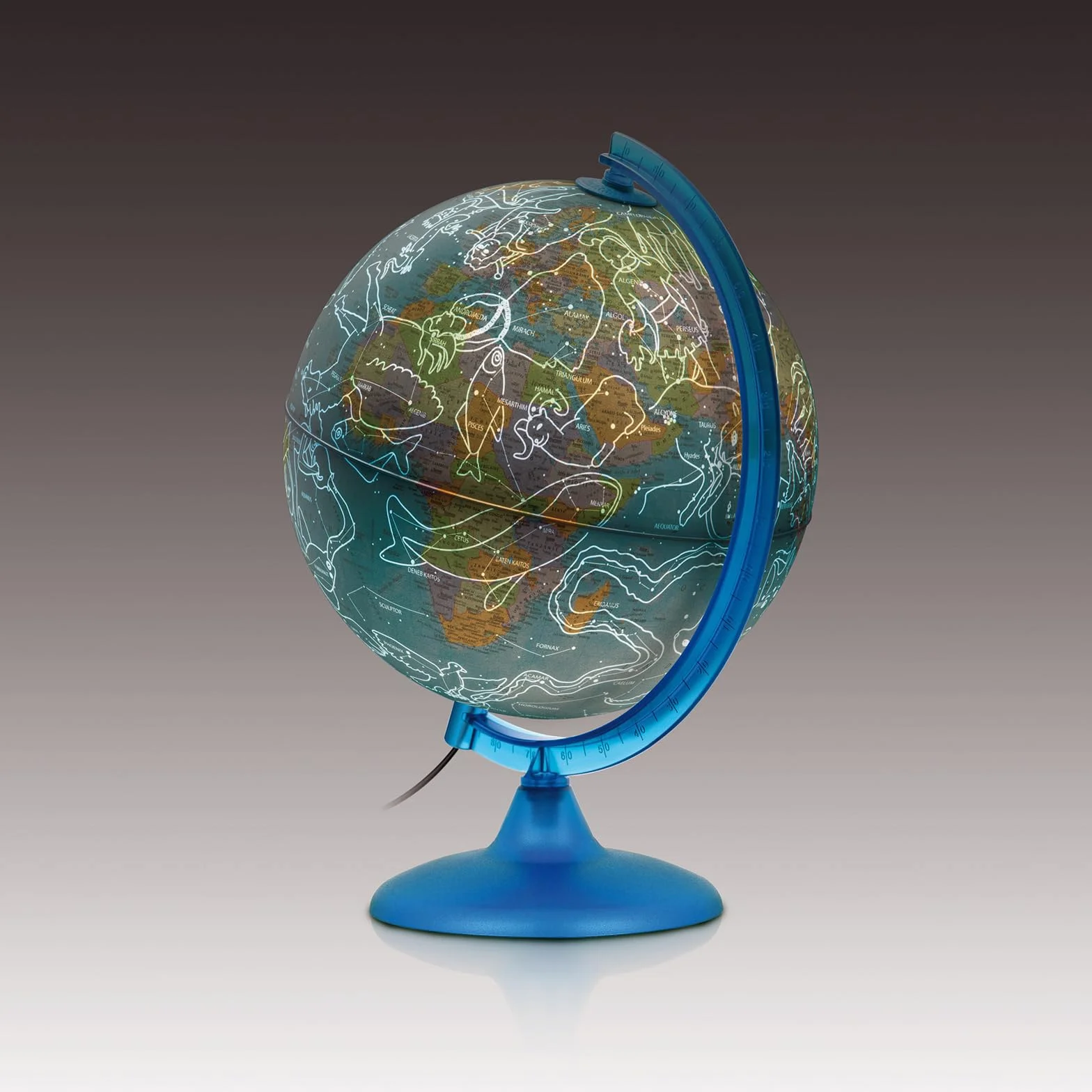 Tecnodidattica Night&Day Globo Terráqueo 25cm Doble Función Política y Constelaciones Luminoso Giratorio Meridiano Graduado
