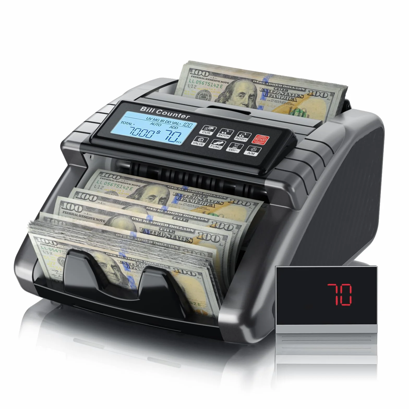 LOLARAN AL1000 - Máquina de contador de dinero con contador de valor, soporte dólar y euro, UV, MG, MT, IR, DD con detección de falsificaciones, contador de efectivo con visualización LCD, lote y