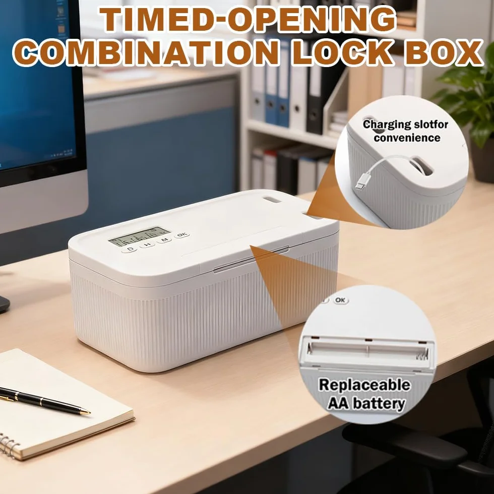 Caja de Seguridad con Temporizador, 23.9 x 13.1 x 9.6 cm, Caja de Autodisciplina, Bloqueo Temporizado para Teléfonos