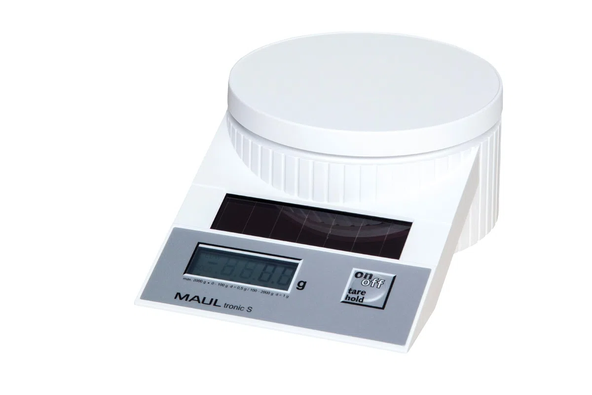 MAUL Báscula para cartas MAULtronic S digital solar blanca 2 kg | precisión para oficina, tara y hold cómodos, pantalla LCD inclinada, carcasa resistente, apagado automático