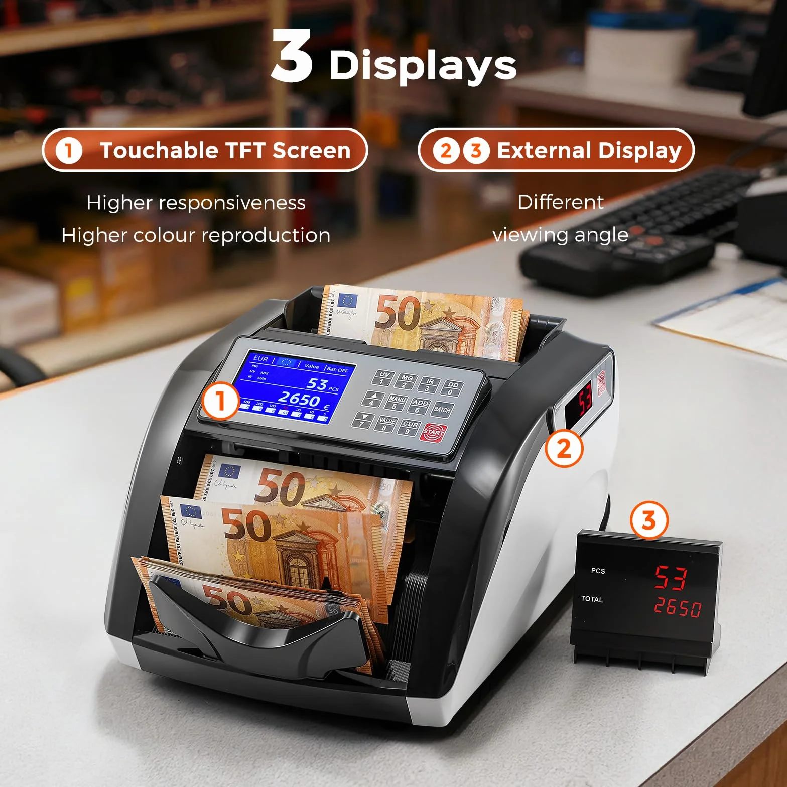 Bonvoisin Contador de Billetes, Contadora de Valor para Billetes de Clasificados, Detección de UV/MG/IR, 1000 Pcs/min, Maquina Contar de Billetes con Pantalla táctil (No cuenta Montos Mixtos)