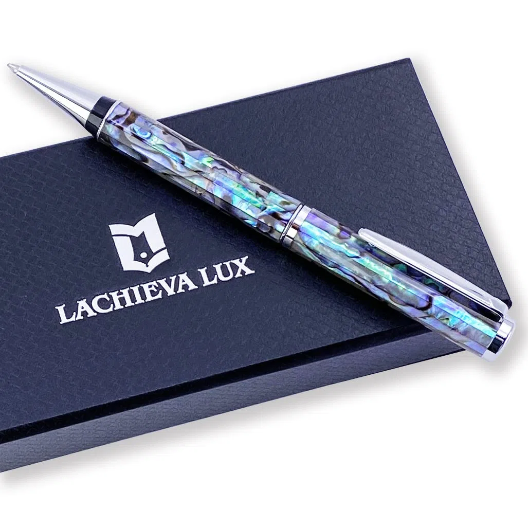 LACHIEVA LUX Bolígrafo de metal con concha de abalón hecho a mano, recambio alemán P900M, regalo elegante para hombre y mujer, en caja de regalo
