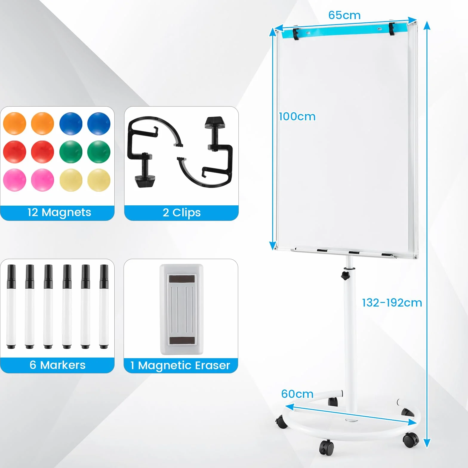 GIANTEX Pizarra Blanca Móvil 100 x 65 cm, Altura y Ángulo Ajustable, Magnética con Ruedas Bloqueables