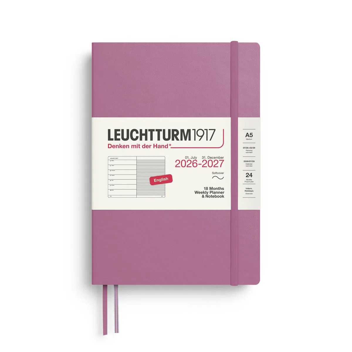 LEUCHTTURM1917 - Agenda semanal y cuaderno de tapa blanda mediano A5, 18 meses, julio de 2026 a diciembre de 2027, inglés, rosa polvoriento