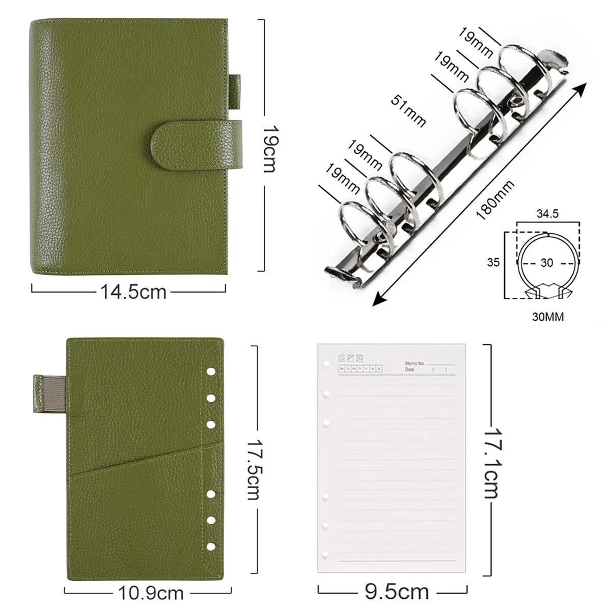 Moterm Personal Luxe Planificador de Anillas - Organizador Carpeta de Cuero Auténtico (Anilla 30mm, Verde Oliva Guijarro)