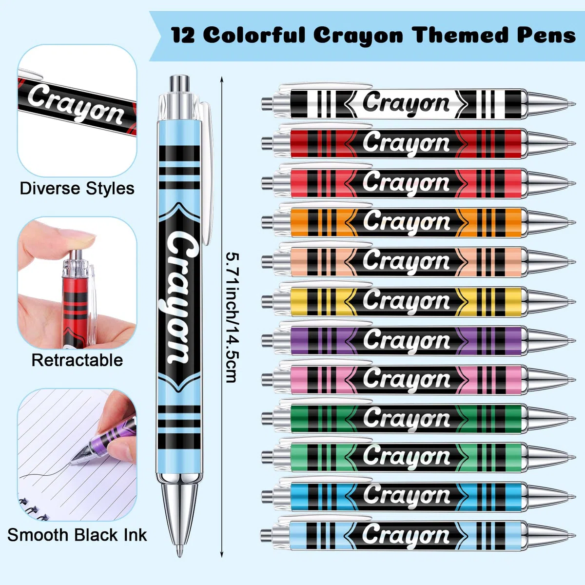 24 cuadernos y bolígrafos para el regreso a clases, 12 coloridos diarios de bolsillo en espiral con temática de crayón, 12 bolígrafos a granel, suministros de crayón a granel, regalos de