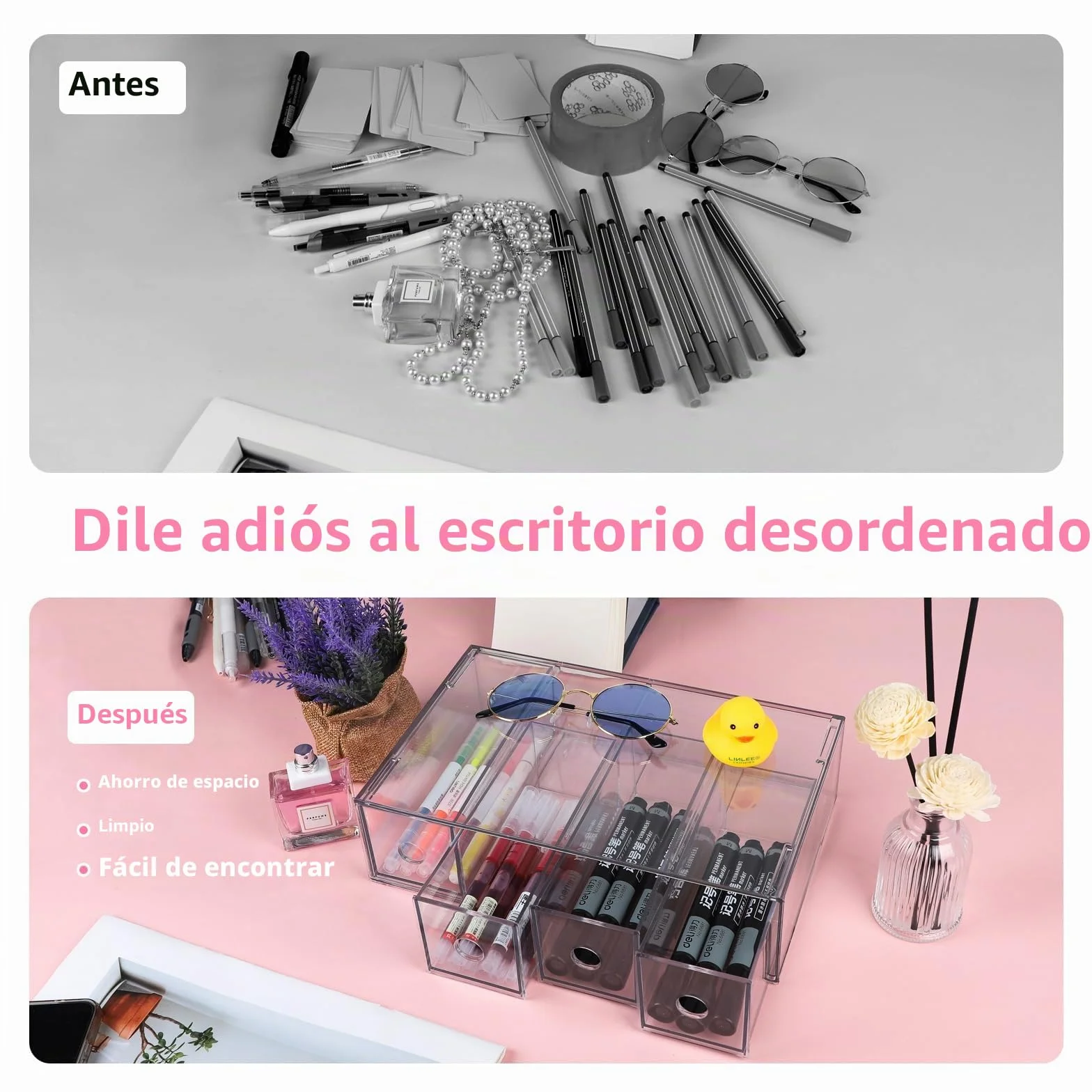 Organizador de escritorio apilable con 2 cajones y 8 compartimentos, caja de almacenamiento multifunción