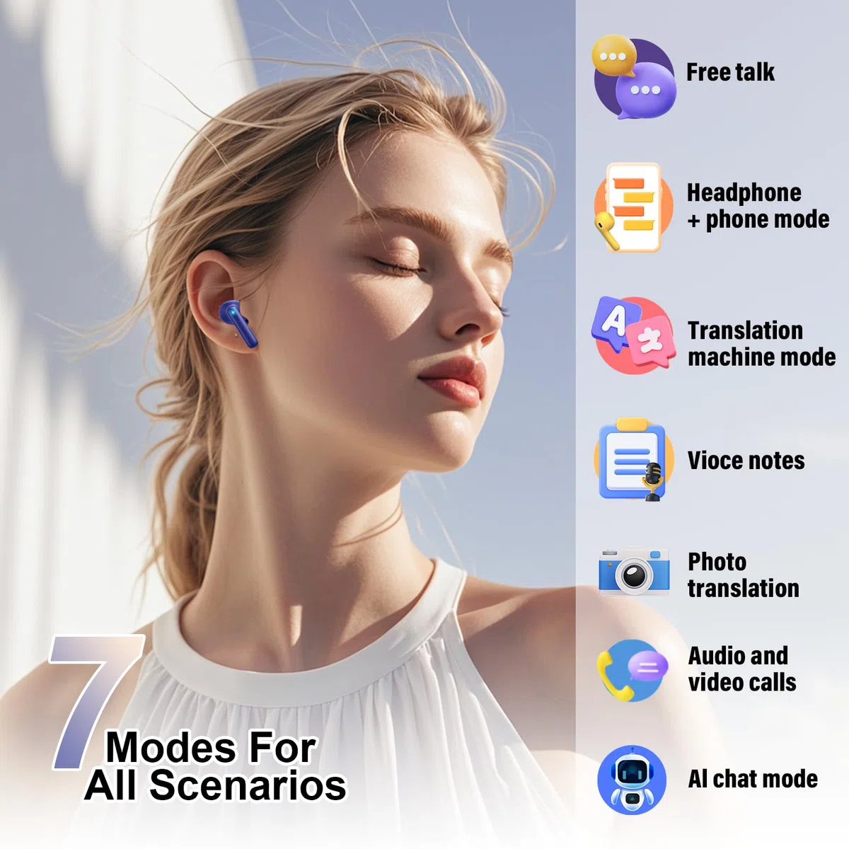 VEKJ AI Auriculares traductor en Tiempo Real, Auriculares Traductores de 164 Idiomas con Audio y Videollamadas, 42H 3 en 1 Cascos Inalambricos Azul