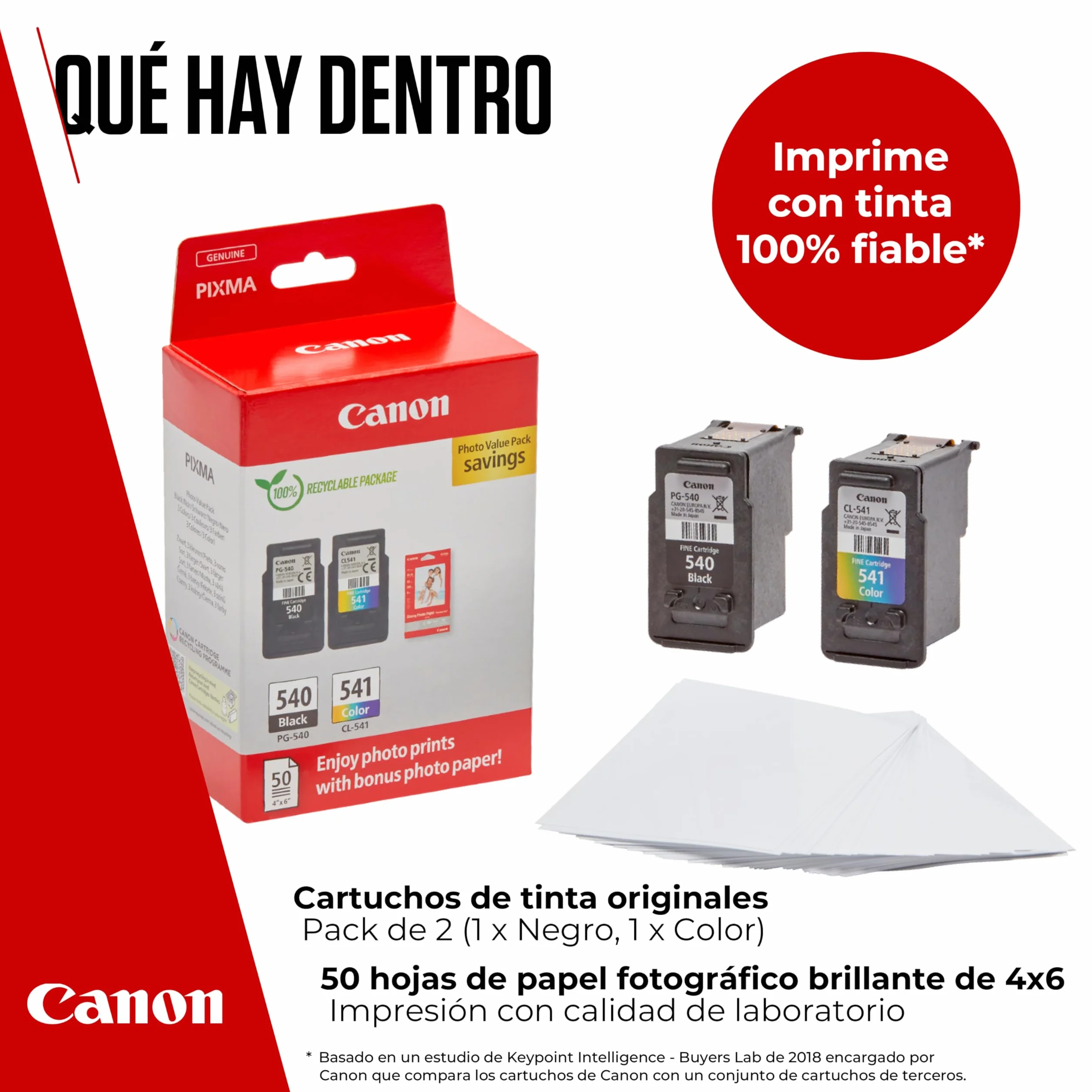 Canon Multipack Cartuchos de Tinta Originales PG-540/CL-541 - 2 Cartuchos (1 Negro, 1 Color) y Papel Fotográfico 4x6 (50 Hojas) para PIXMA