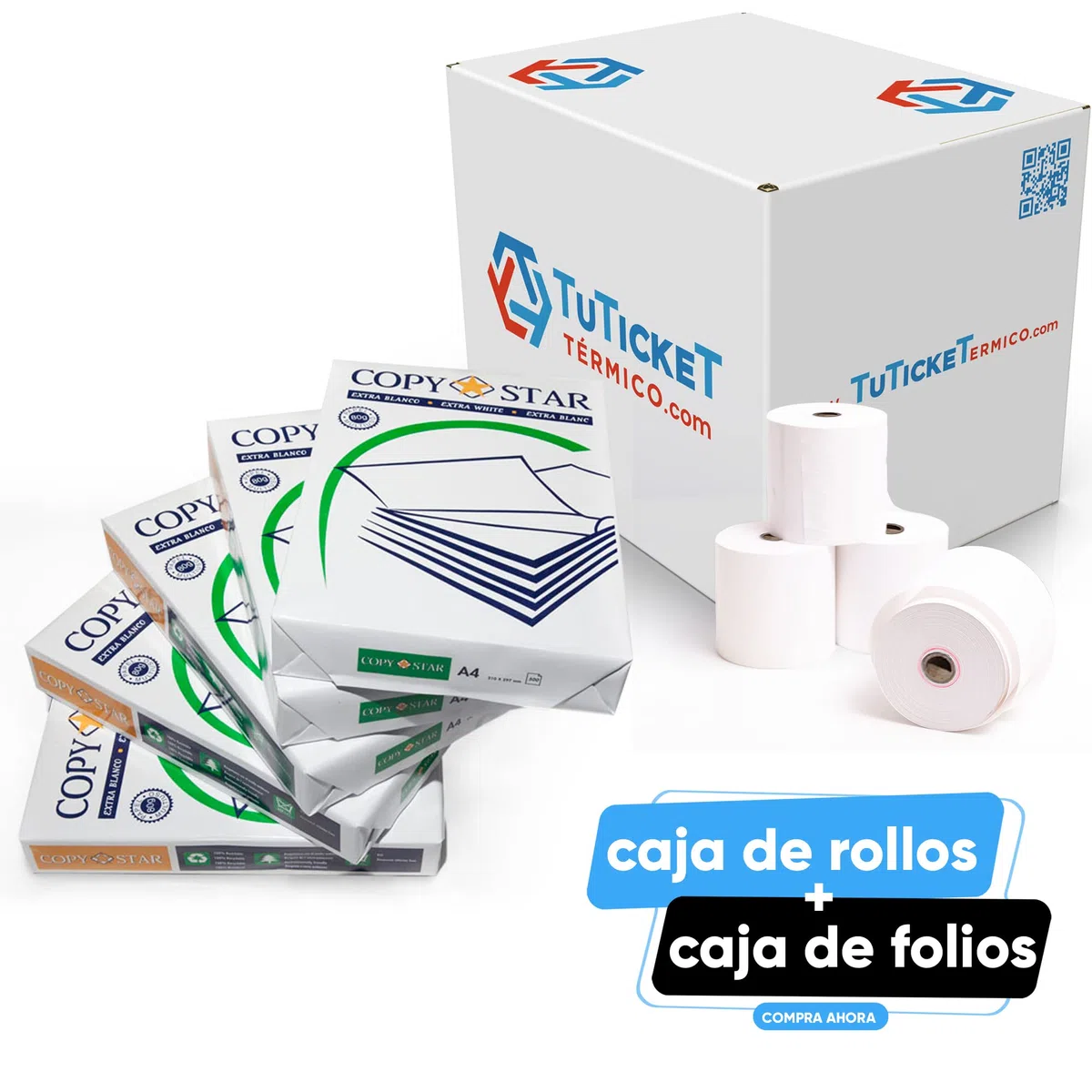 TuTickeT TÉRMICO - Folios A4 de 80gr. Papel Multiusos Blanco para Fotocopiadora e Impresora Multifunción. Caja de 5 paquetes de 500 Hojas Blancas Din A4. Material Escolar y de Oficina.