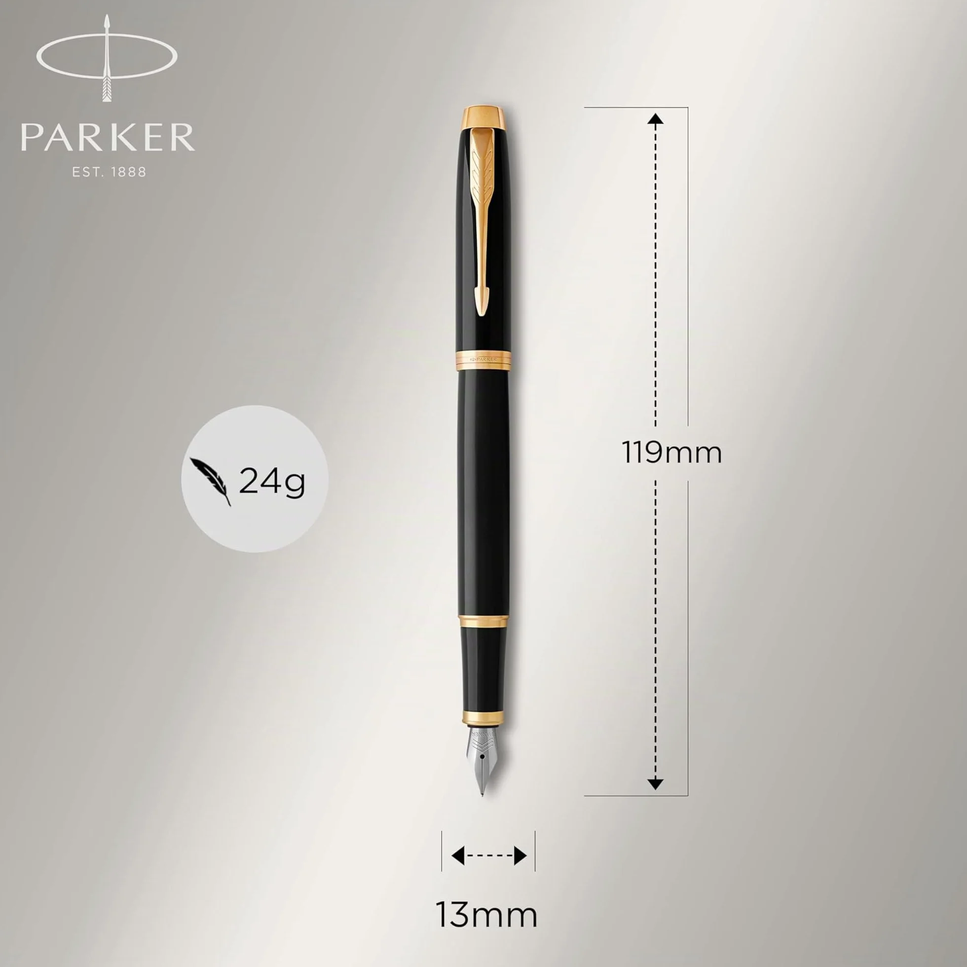 Parker IM pluma estilográfica | lacada en negro con adorno dorado | plumín fino y recambio de tinta azul | en estuche de regalo