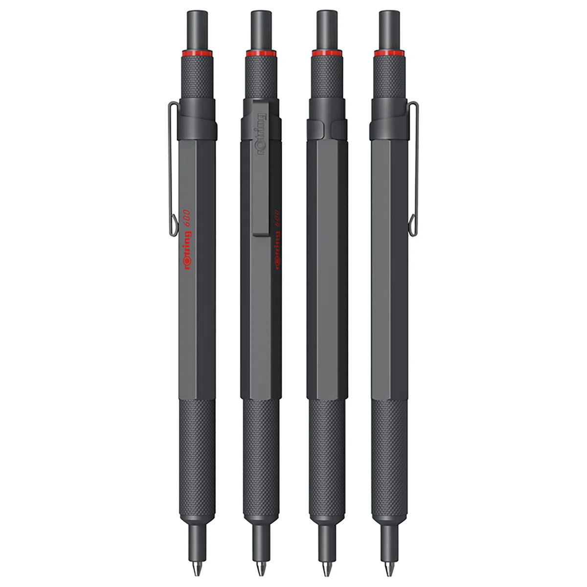 rOtring Bolígrafo 600 y estuche de terciopelo, punta media, tinta negra, bolígrafo de cuerpo totalmente metálico, piedra oscura, agarre estriado antideslizante y barril hexagonal, recargable, juego