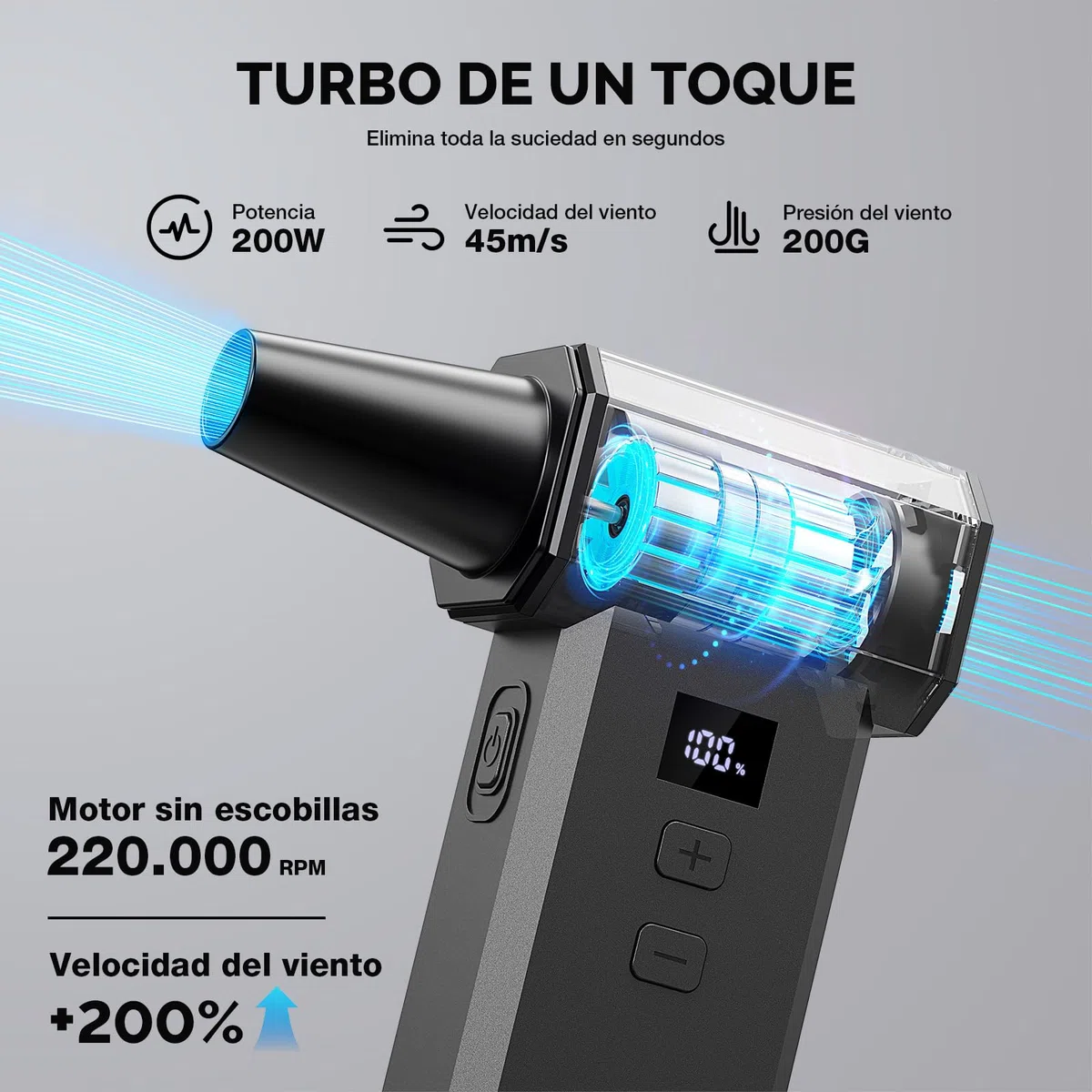 MECO ELEVERDE Soplador de Polvo Eléctrico, 220.000 RPM 100 Velocidades y Pantalla LED Mini Aire Comprimido Inalámbrico Portátil con Batteria 4000mAh*2, Air Duster Potente para Limpieza PC y Hogar