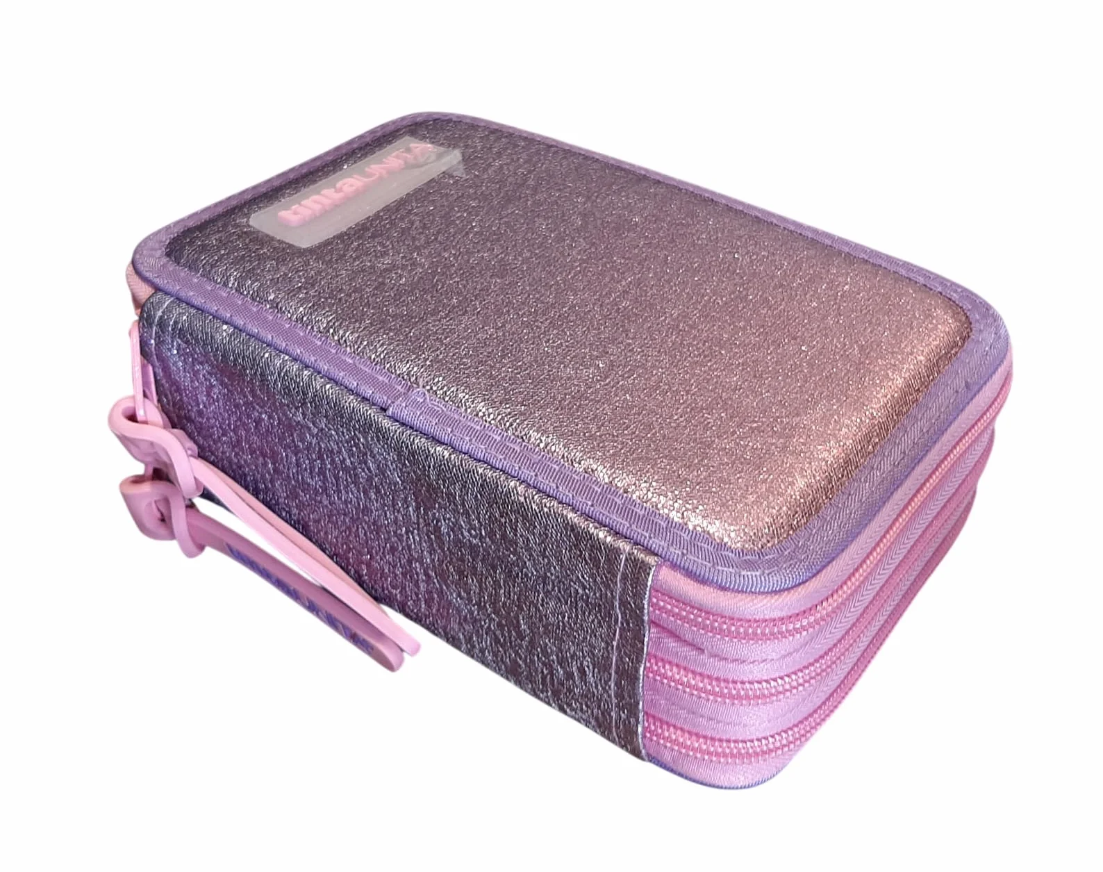 Estuche de color liso con 3 cremalleras Elegant Glamour Gradient rosa violeta completo de papelería + estuche ovalado con cremallera para escuela niña + llavero y bolígrafo de color