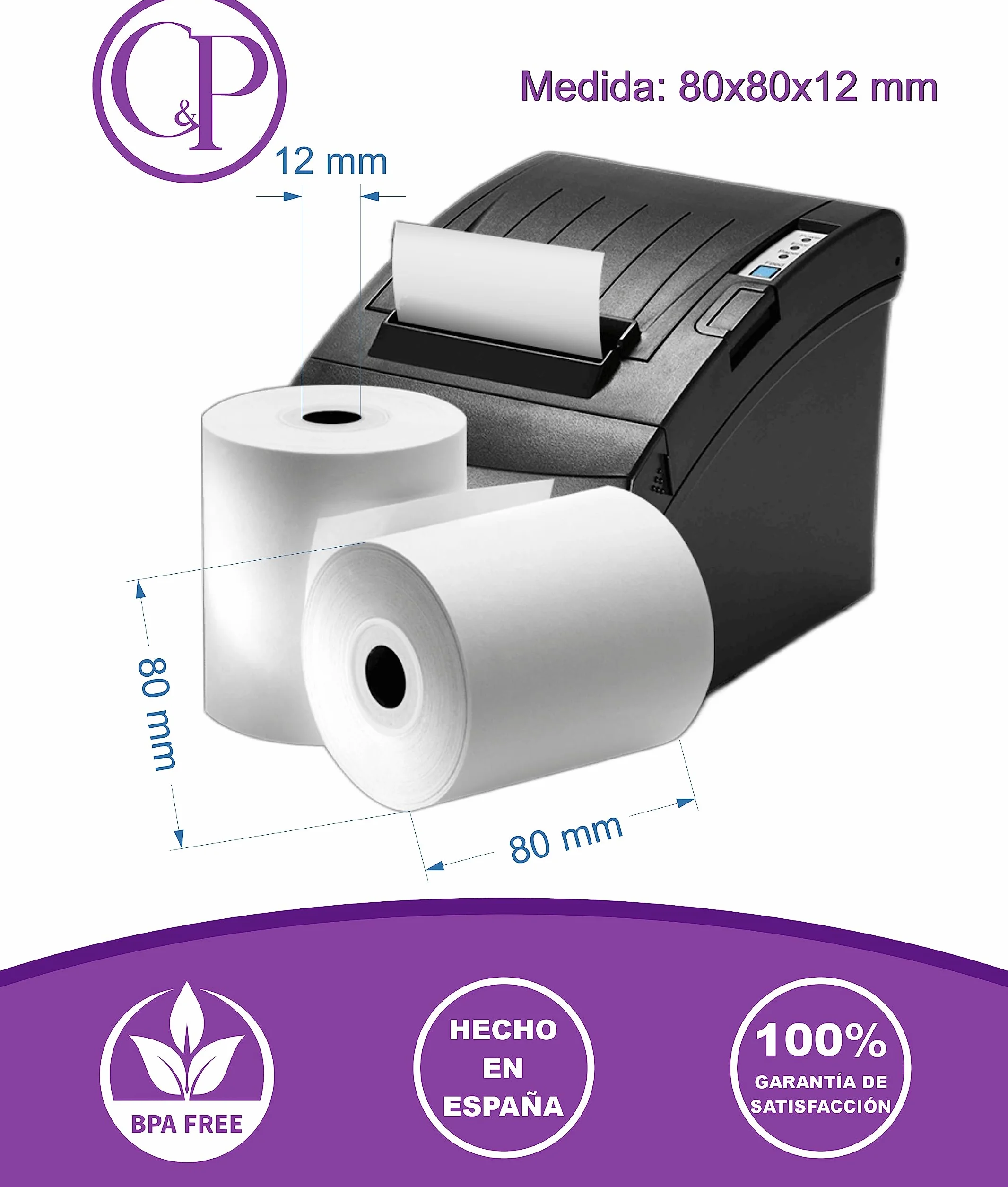 C&P Rollos Papel Térmico 80x80x12 mm para Sumadora Impresora TPV, Sin Bisphenola (48 unidades)
