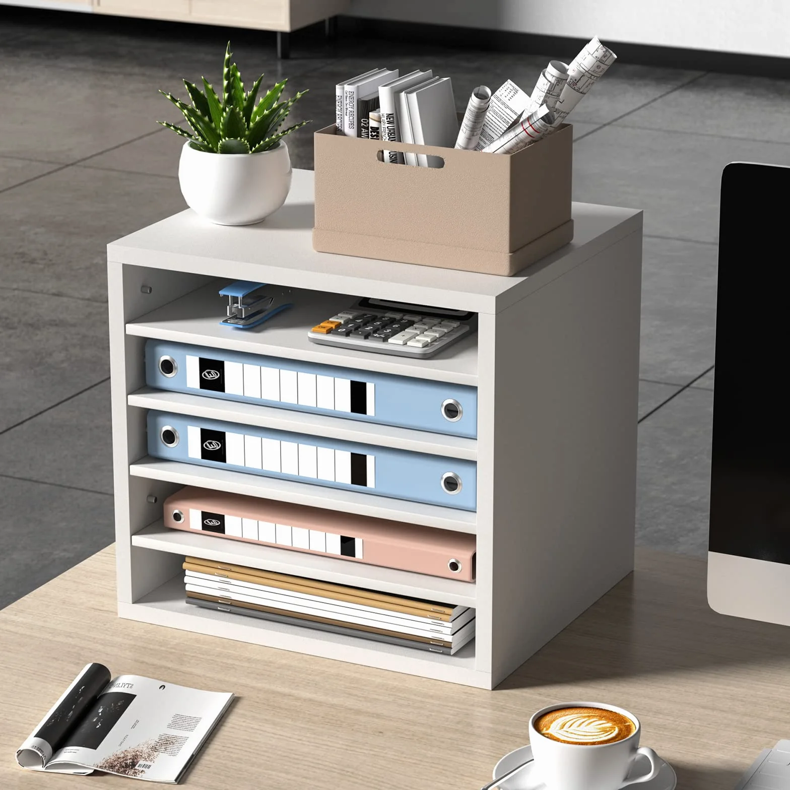 VEVOR Organizador de Literatura de madera Aglomerado Estante de Almacenamiento de Documentos de 5 Compartimentos 35,5x30,5x33 cm Clasificador de Literatura con Estantes Ajustables para Oficina, Blanco