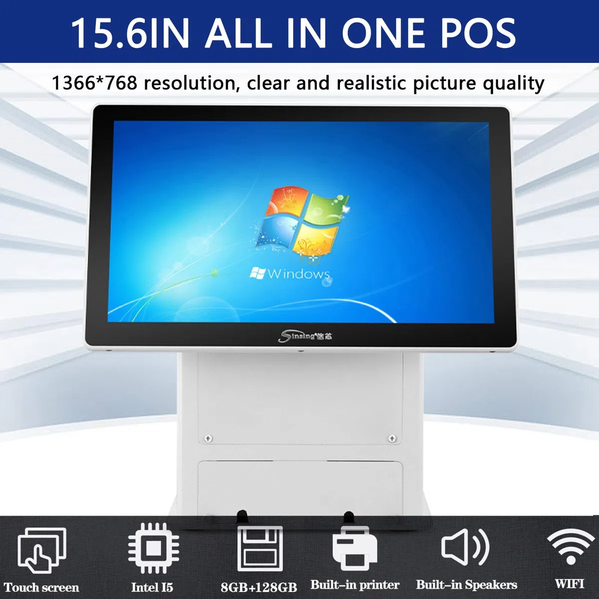 Caja registradora táctil de Doble Pantalla con Pantalla táctil Dual de 15,6", Impresora térmica integrada de 58mm, 8 GB de RAM, SSD de 128 GB, para restaurantes comerciales y minoristas